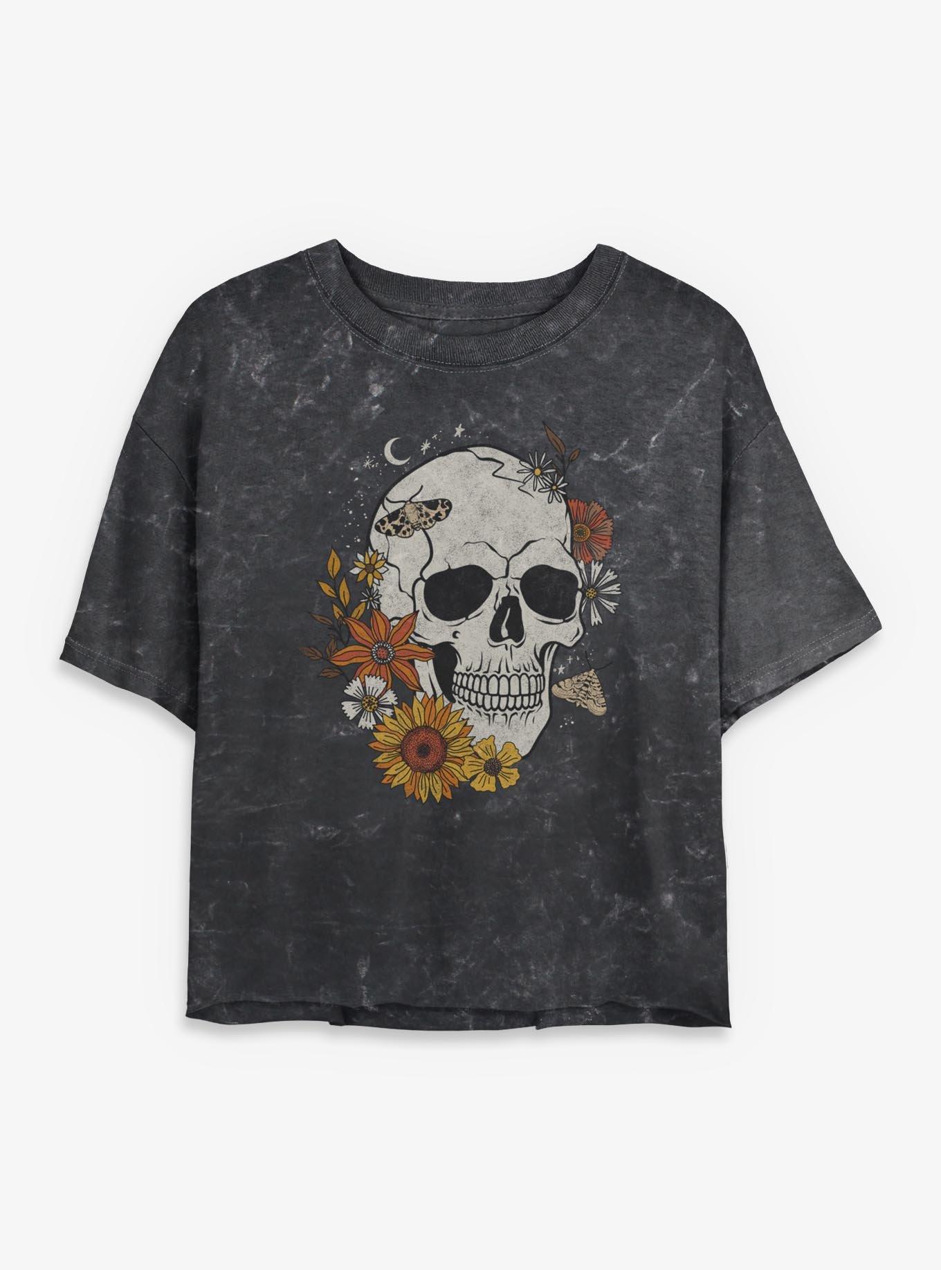 Skeleton Flowers Girls Mineral Wash Crop T-Shirt, , hi-res