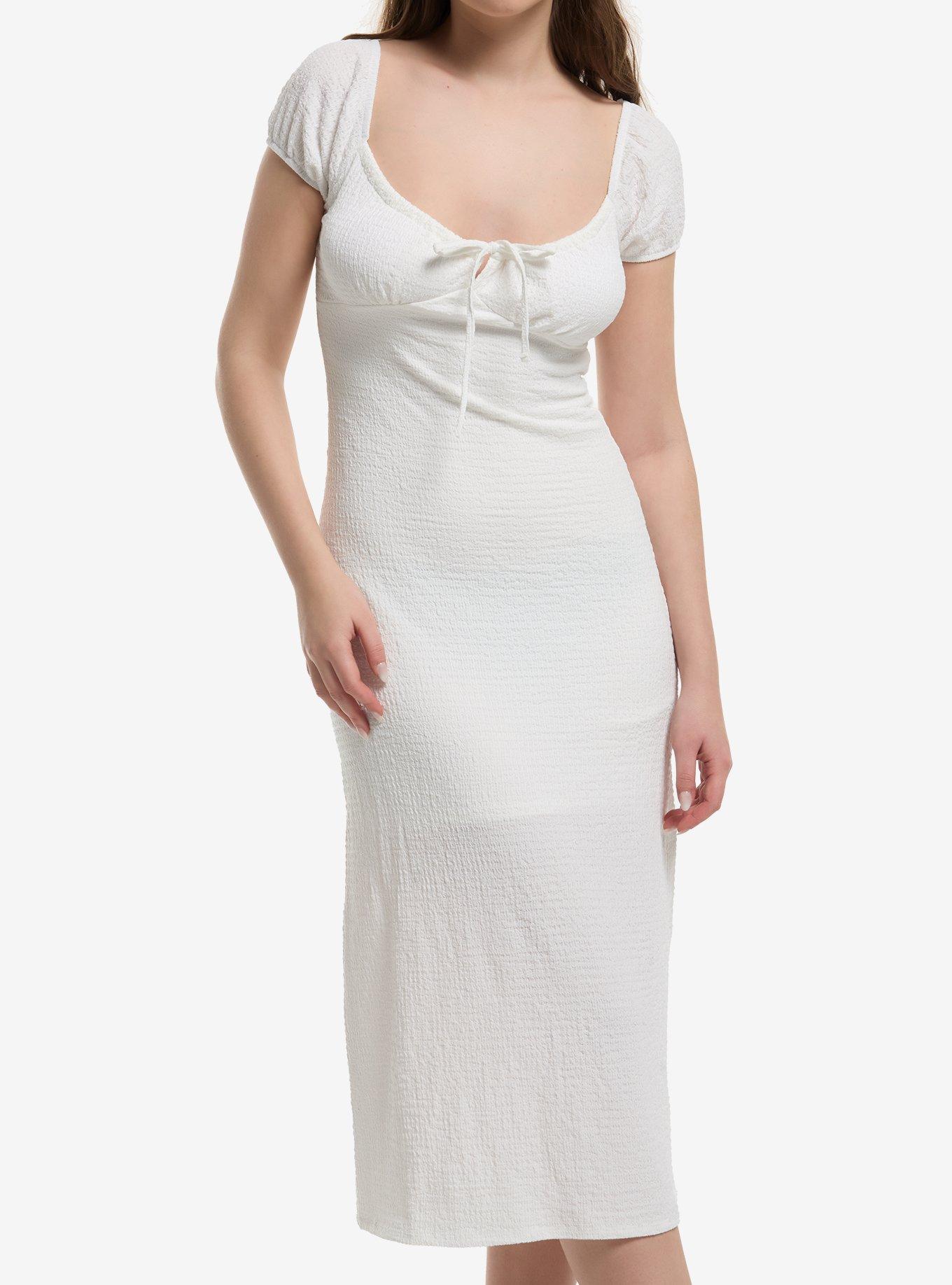 White Crinkle Puff Sleeve Midaxi Dress, , hi-res