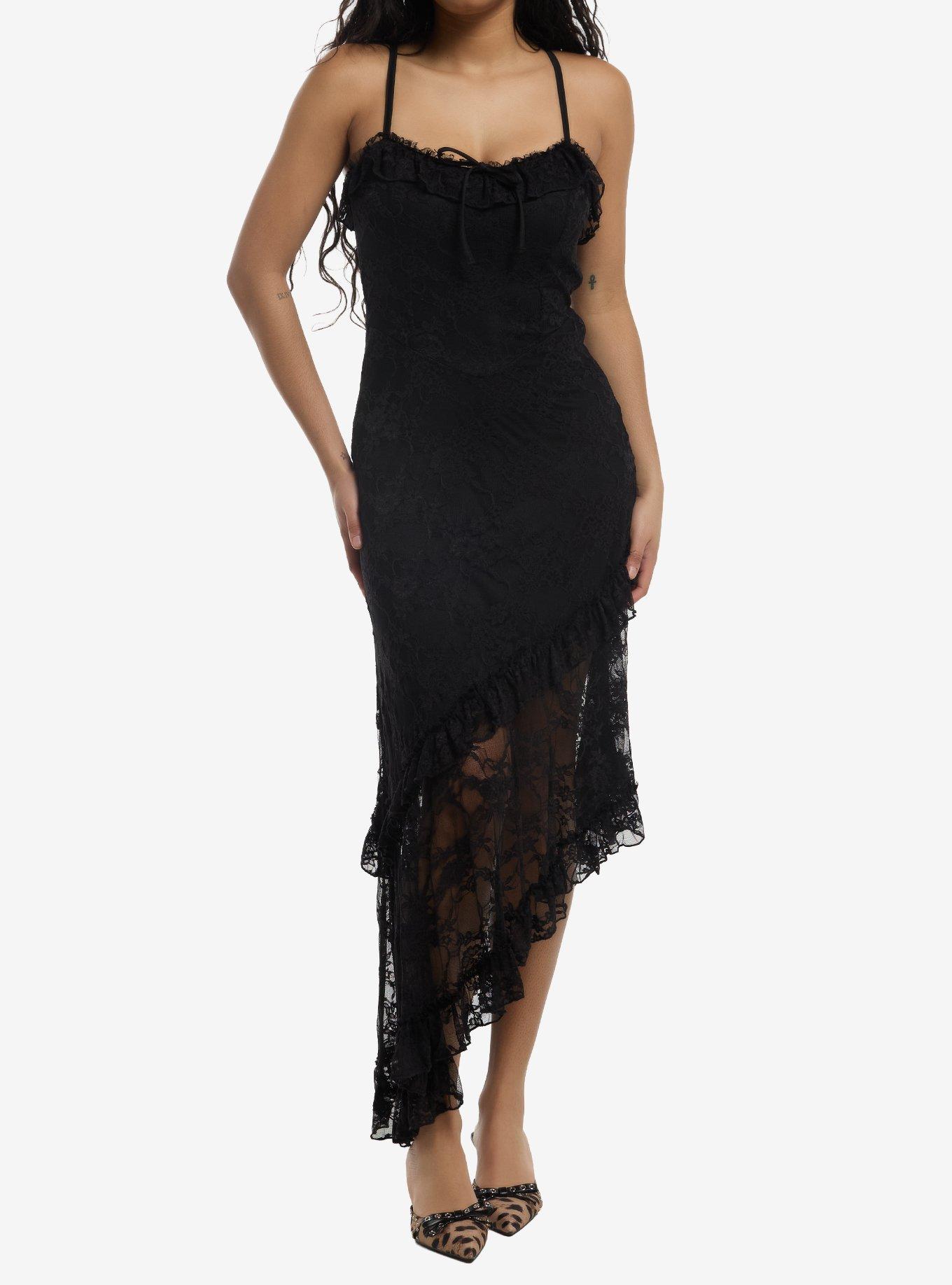 Black Lace Ruffle Asymmetrical Cami Dress, , hi-res