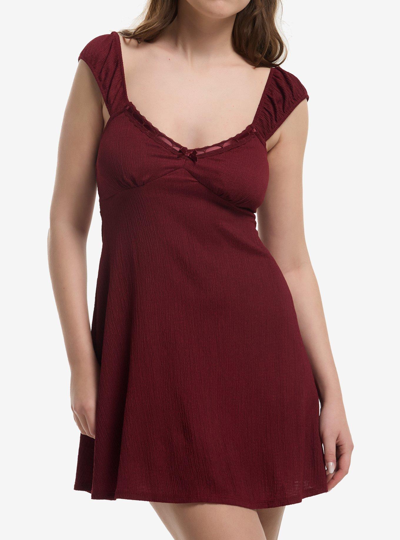 Burgundy Satin Bow Mini Dress, , hi-res