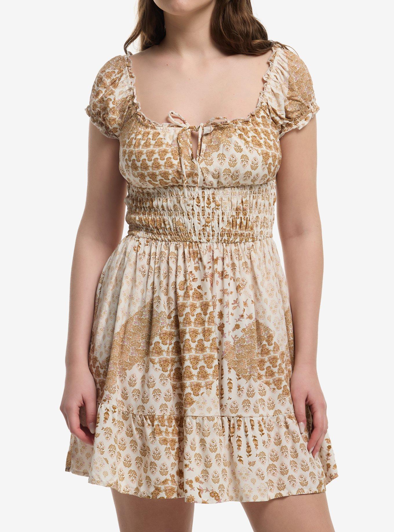 Brown Floral Tiered Puff Sleeve Dress, , hi-res