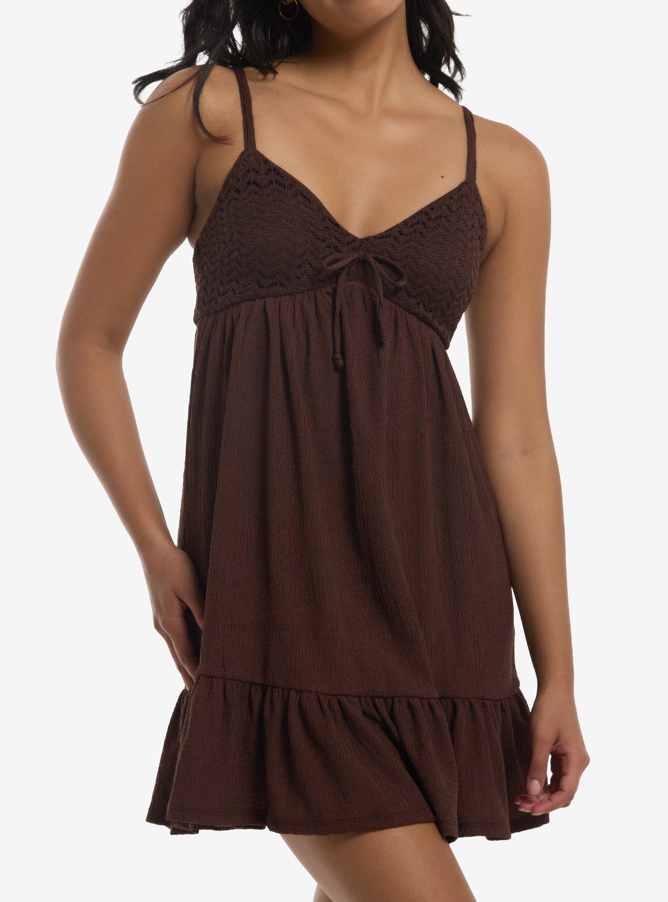 Brown Knit Tiered Babydoll Mini Dress, , hi-res
