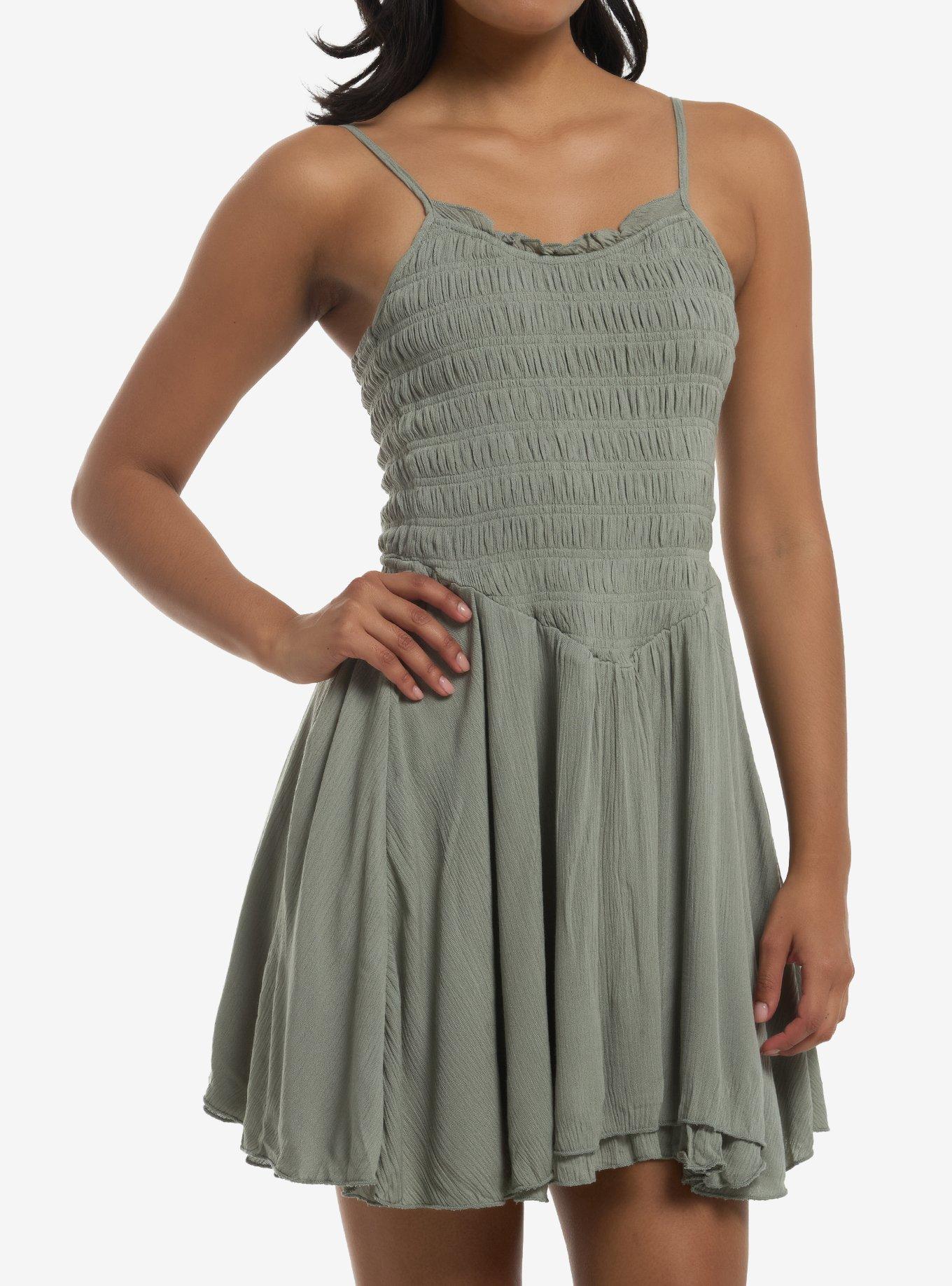 Olive Green Smocked Ruffle Mini Dress, , hi-res