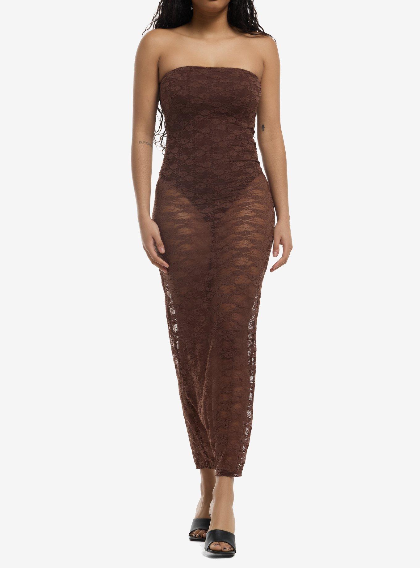 Brown Lace Strapless Midaxi Dress, , hi-res