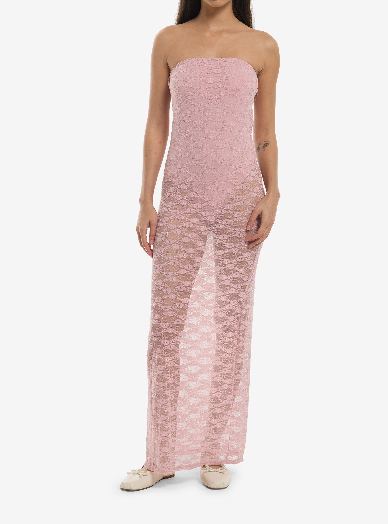 Pink Floral Lace Strapless Midaxi Dress, , hi-res