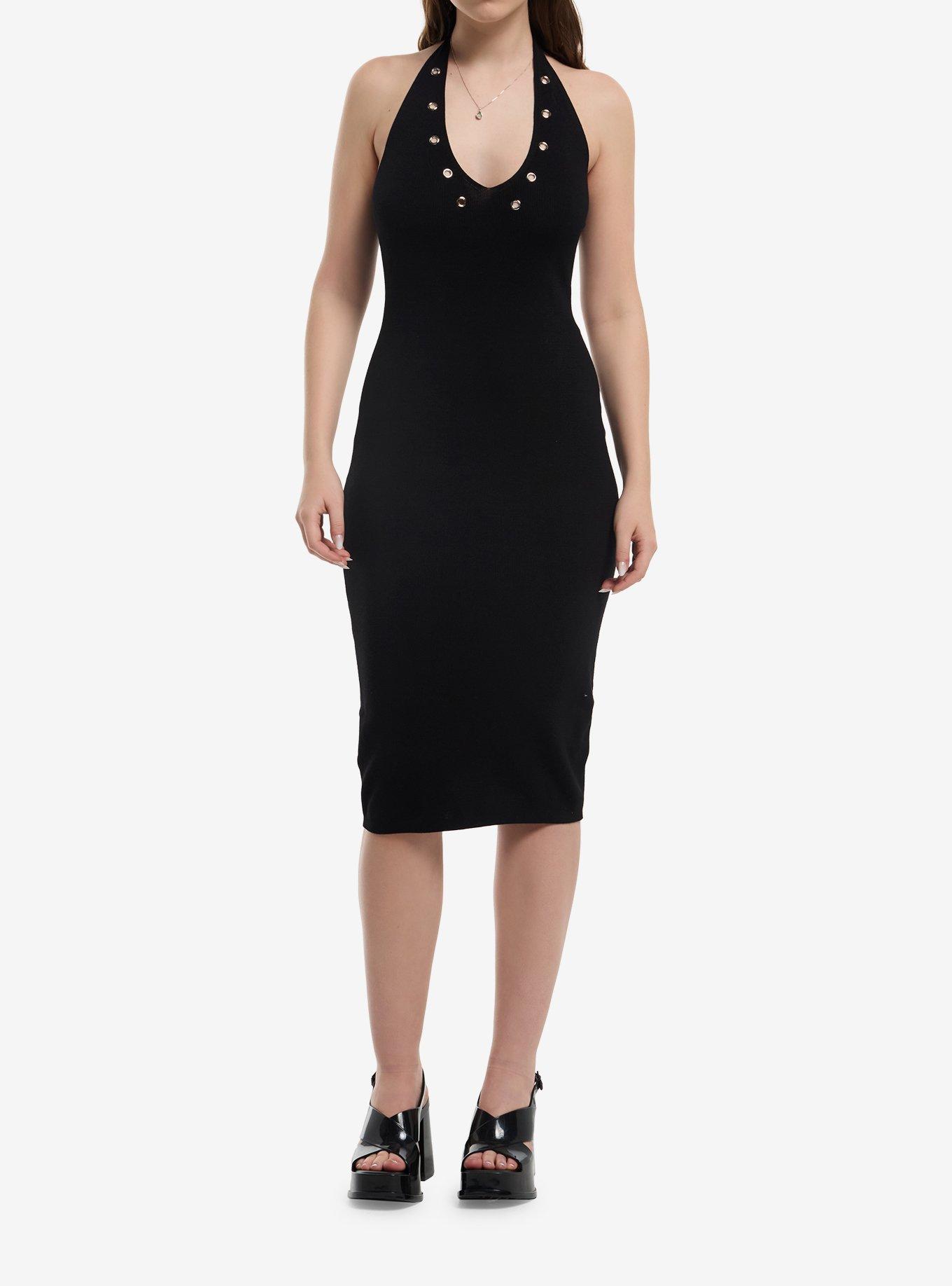 Black Grommet Halter Midi Dress, , hi-res