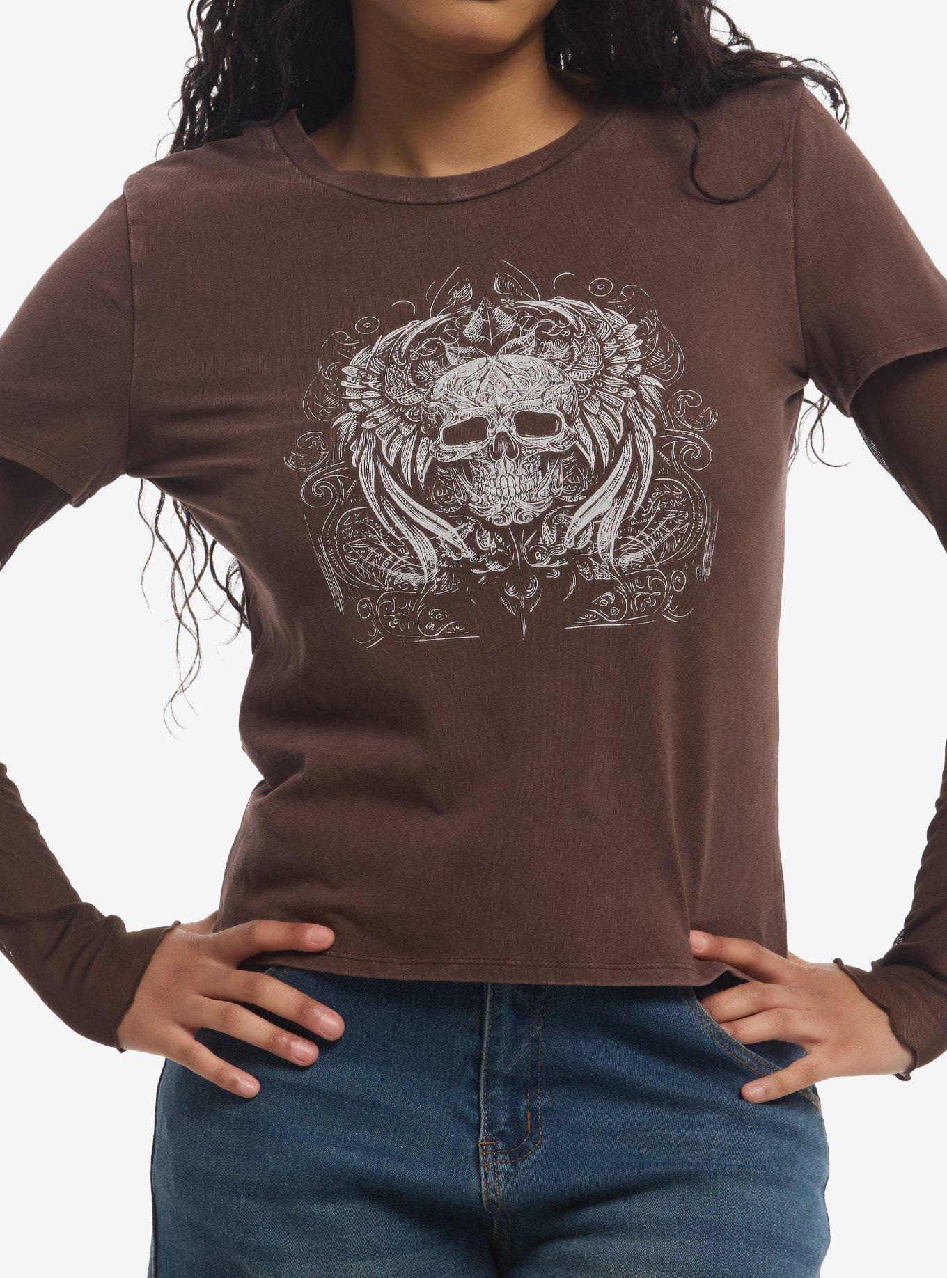 Social Collision Brown Skull Filigree Mesh Girls Twofer Top, , hi-res