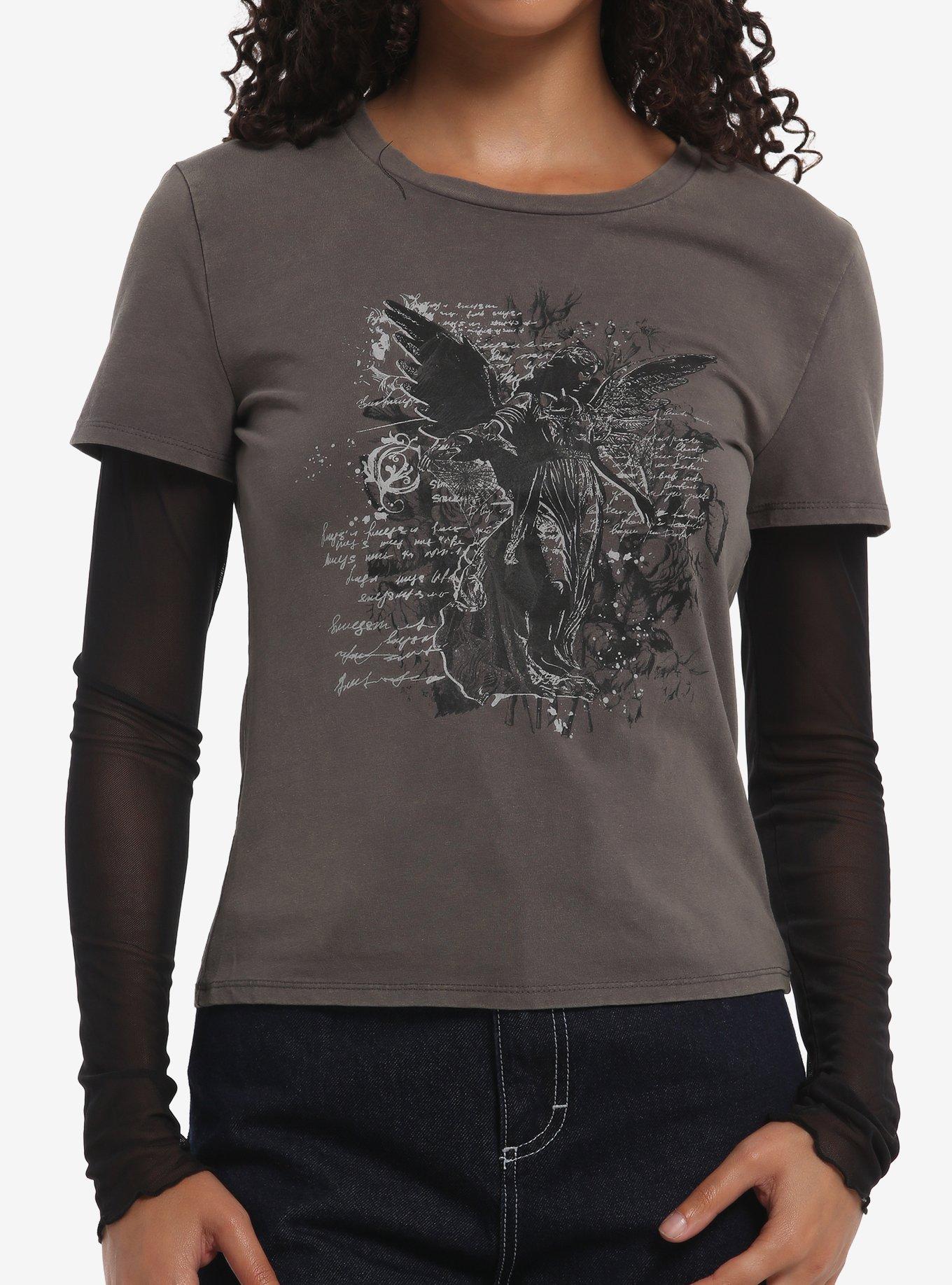 Social Collision Angel Mesh Girls Twofer Long-Sleeve Top, , hi-res