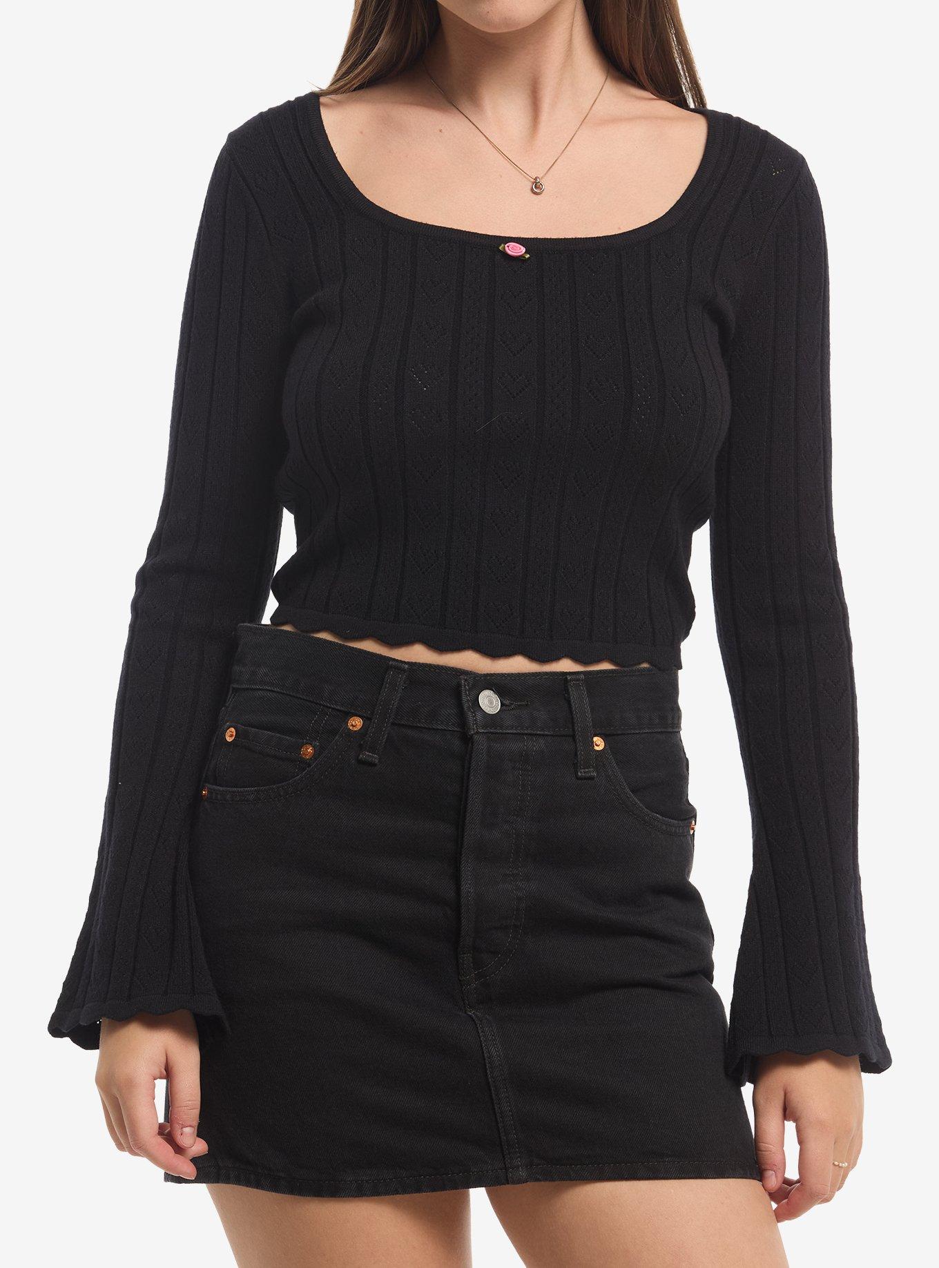 Black Heart Pointelle Girls Crop Long-Sleeve Top | Hot Topic