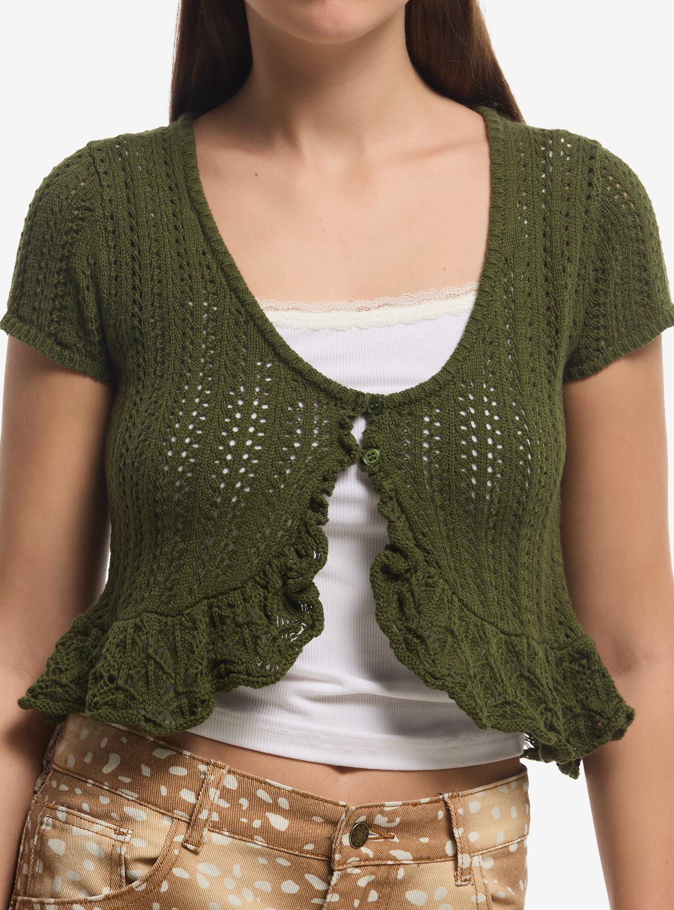Thorn & Fable Green Pointelle Girls Short-Sleeve Cardigan, , hi-res