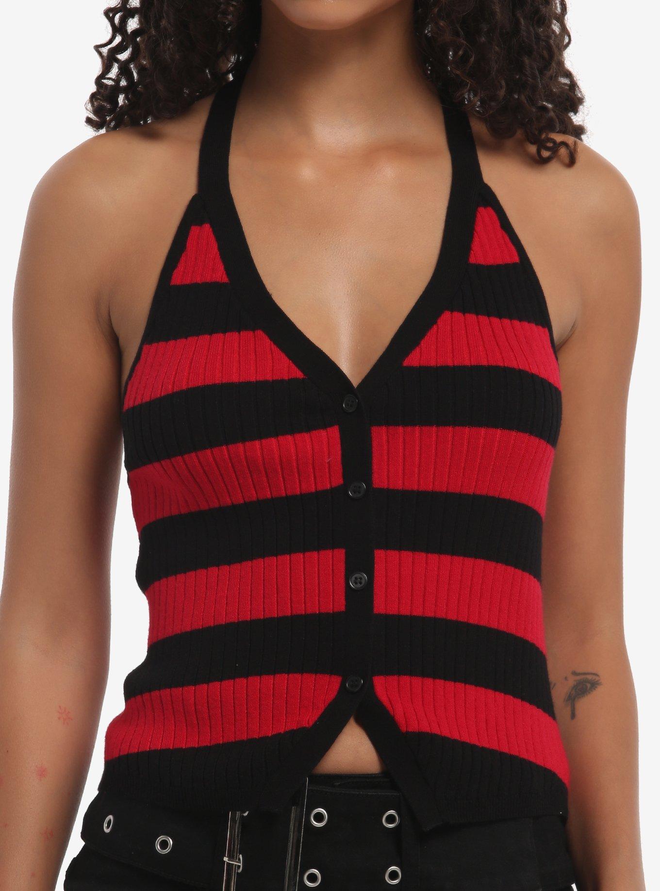 Black & Red Stripe Knit Girls Halter Top, , hi-res