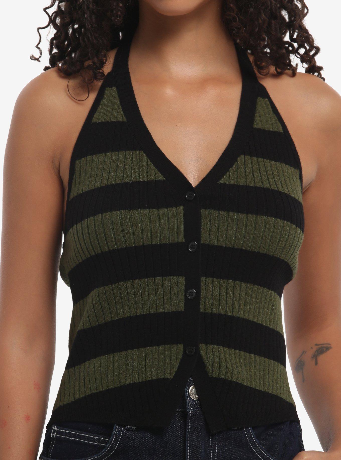 Black & Green Stripe Knit Girls Halter Top, , hi-res
