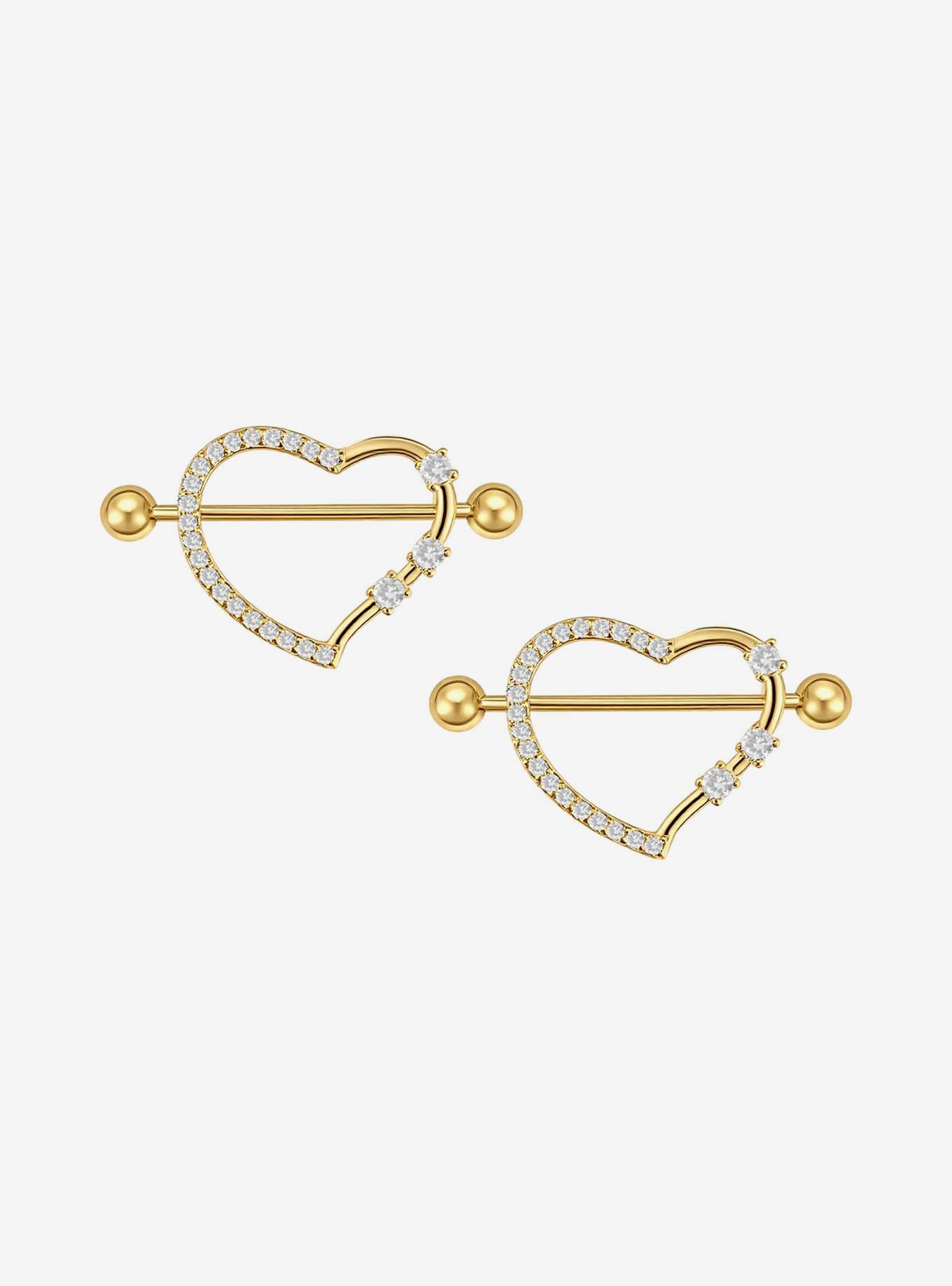 Steel Gold Bling Heart Nipple Barbell 2 Pack, , hi-res