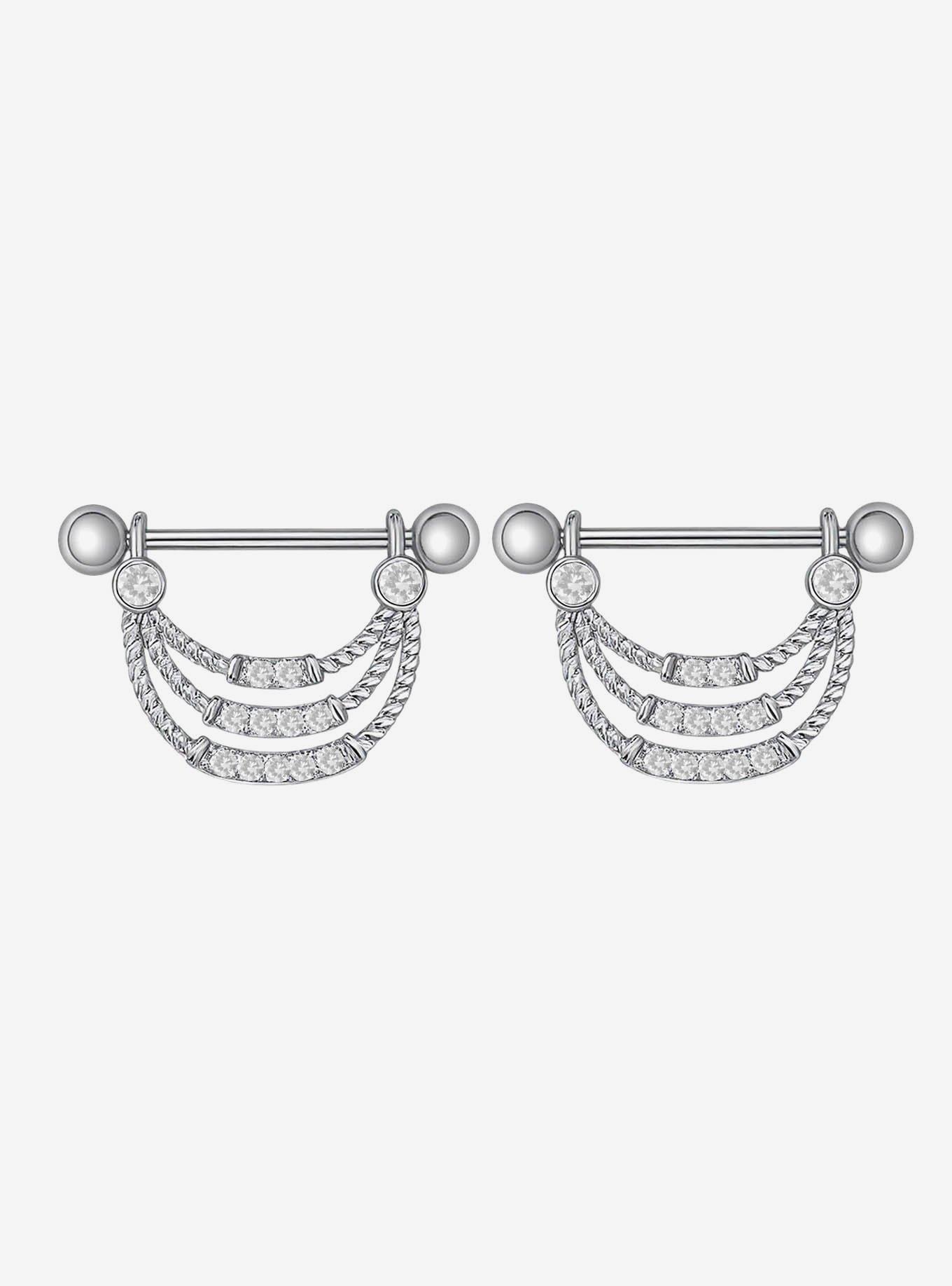 Steel Silver Bling Draped Chain Nipple Barbell 2 Pack, , hi-res