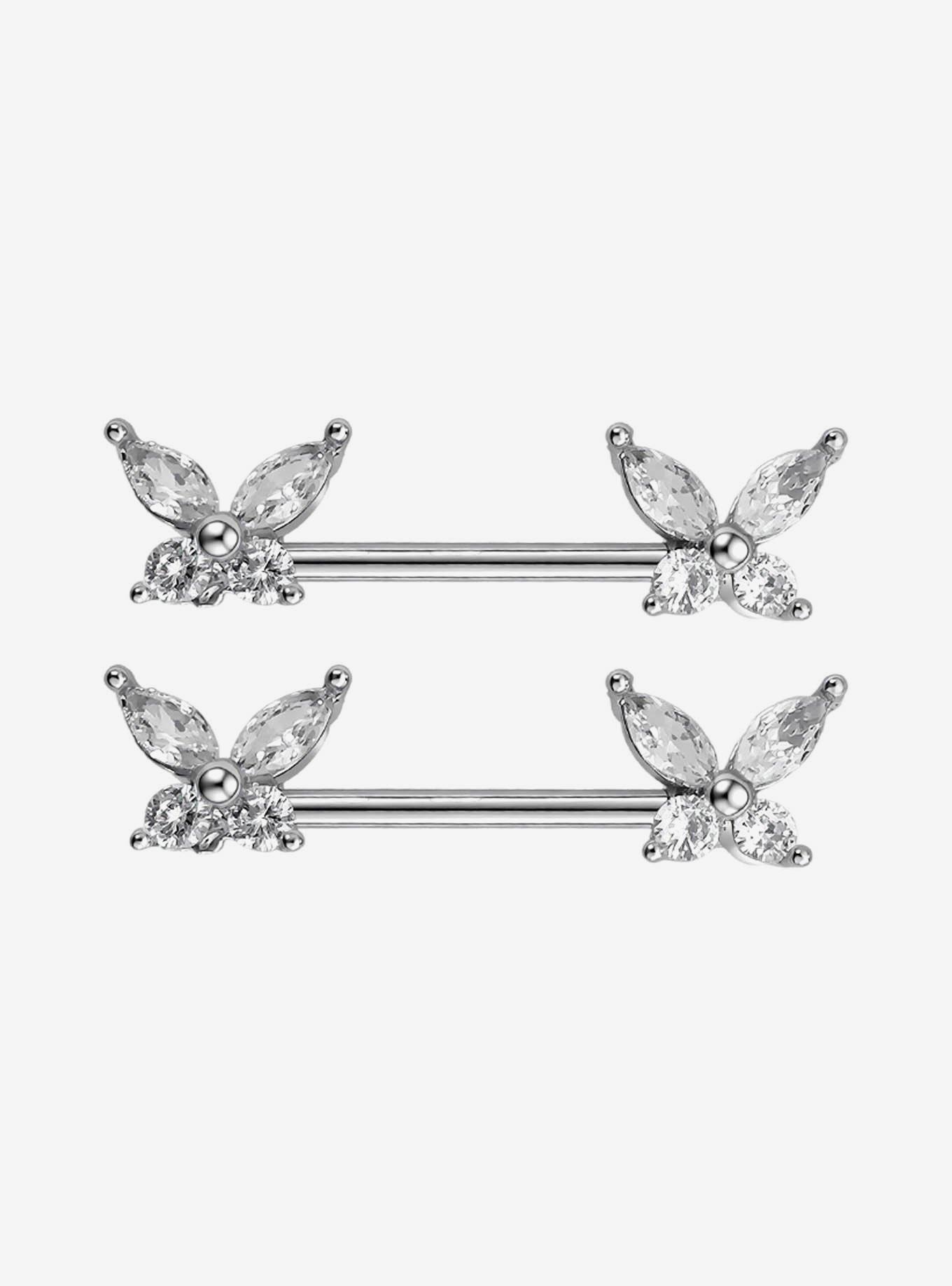 Steel CZ Butterfly Nipple Barbell 2 Pack, , hi-res