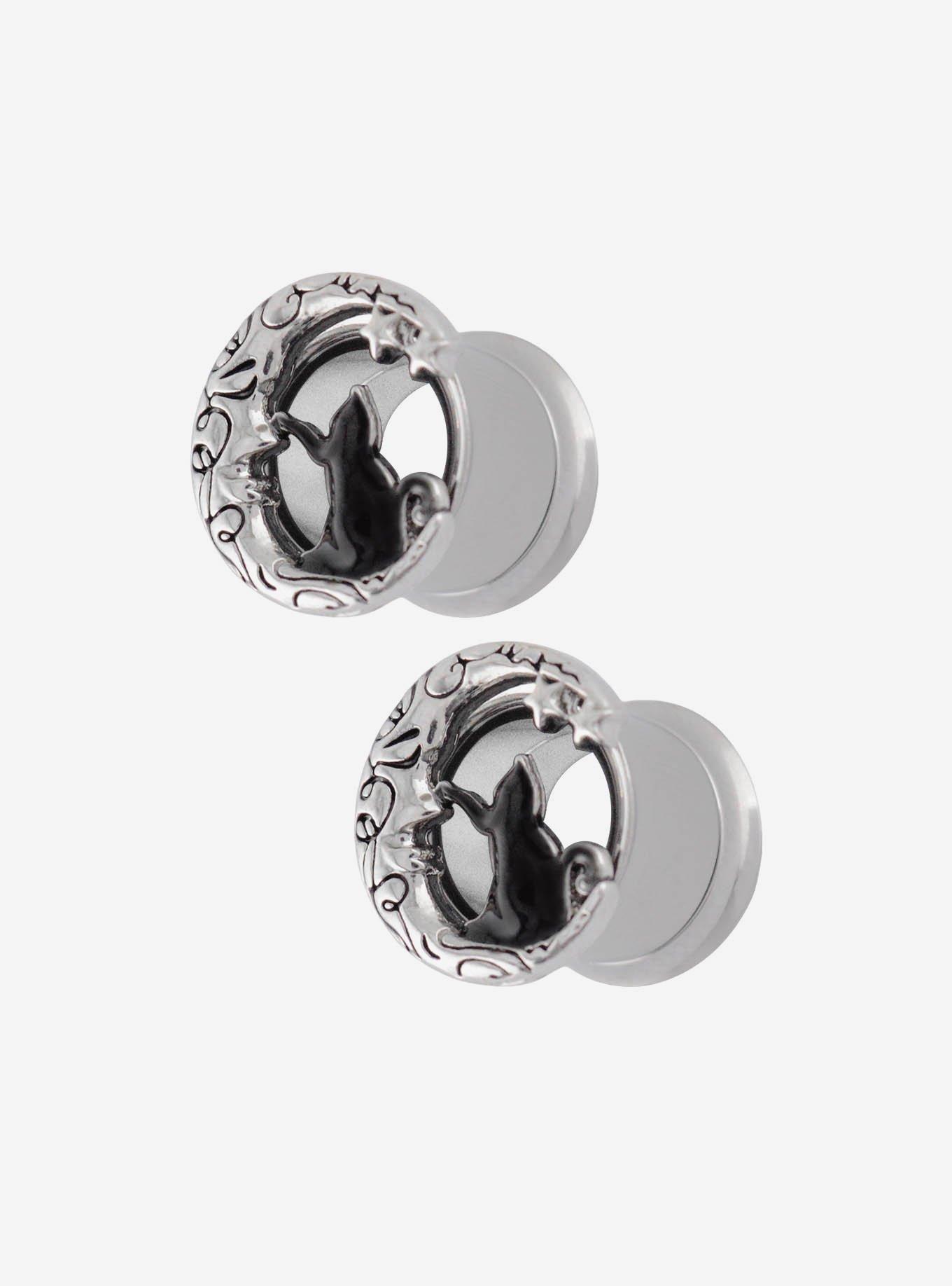 Steel Silver Crescent Moon & Cat Tunnel Plug 2 Pack, , hi-res