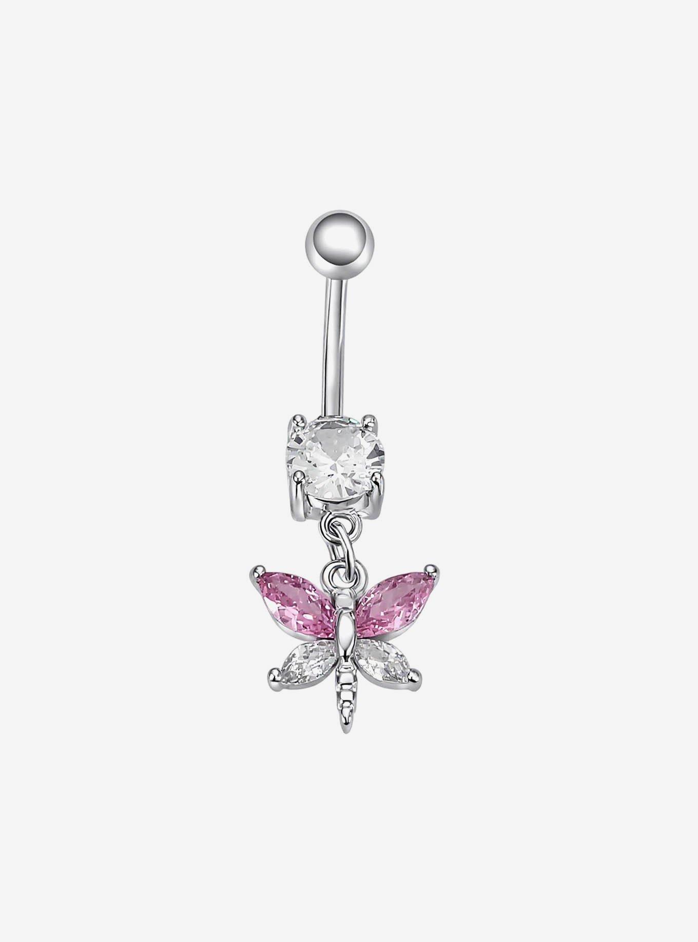 Steel Pink Bling Butterfly Navel Barbell, , hi-res