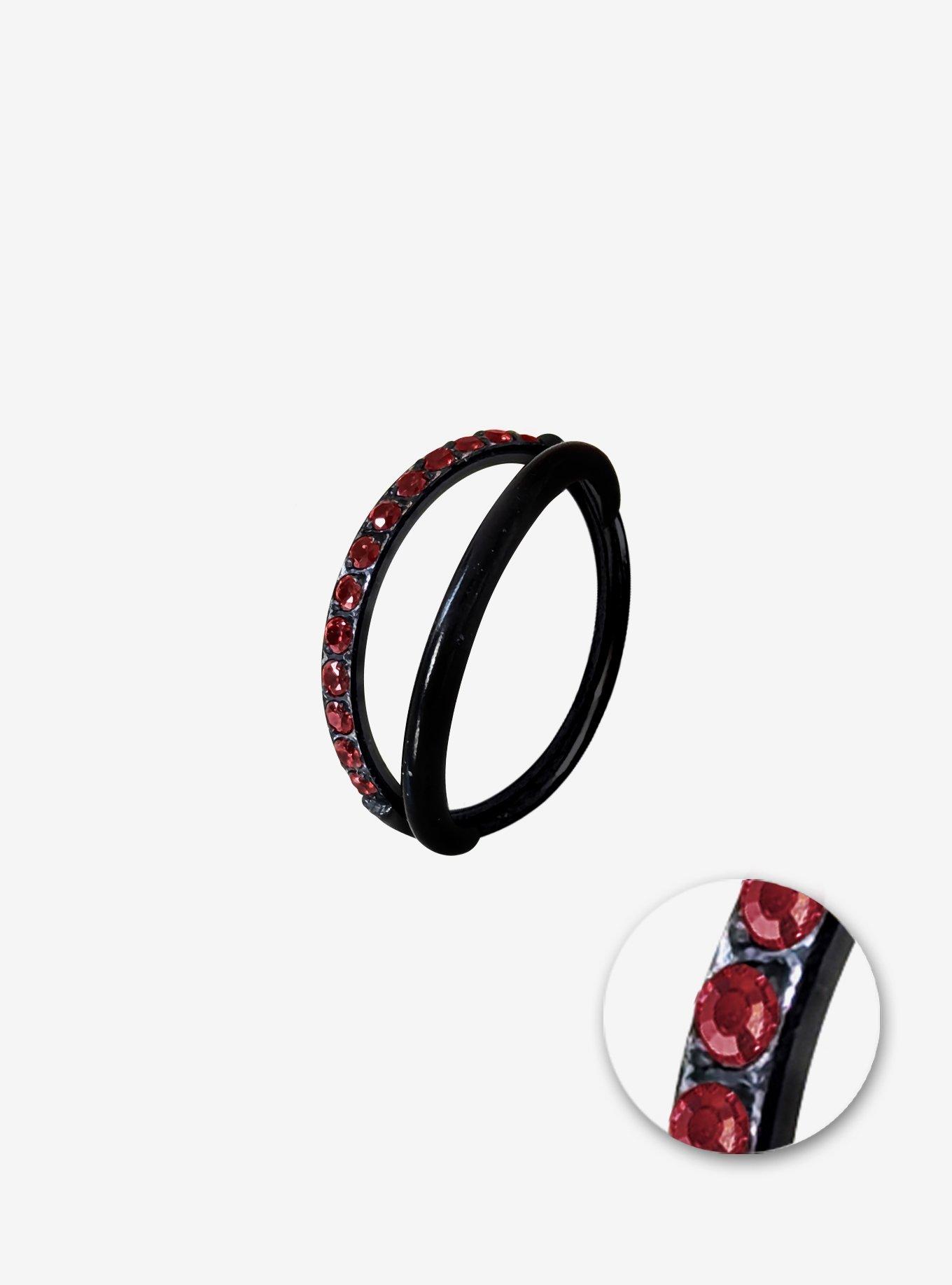 Steel Black & Red Gem Double Hoop Hinged Clicker, , hi-res