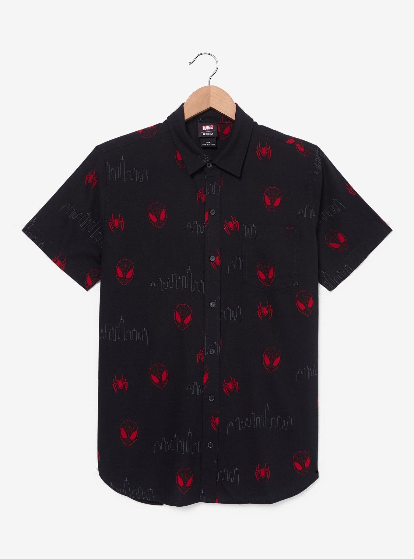 Marvel Spider-Man Miles Morales Mask Allover Print Woven Button-Up &mdash; BoxLunch Exclusive, , hi-res