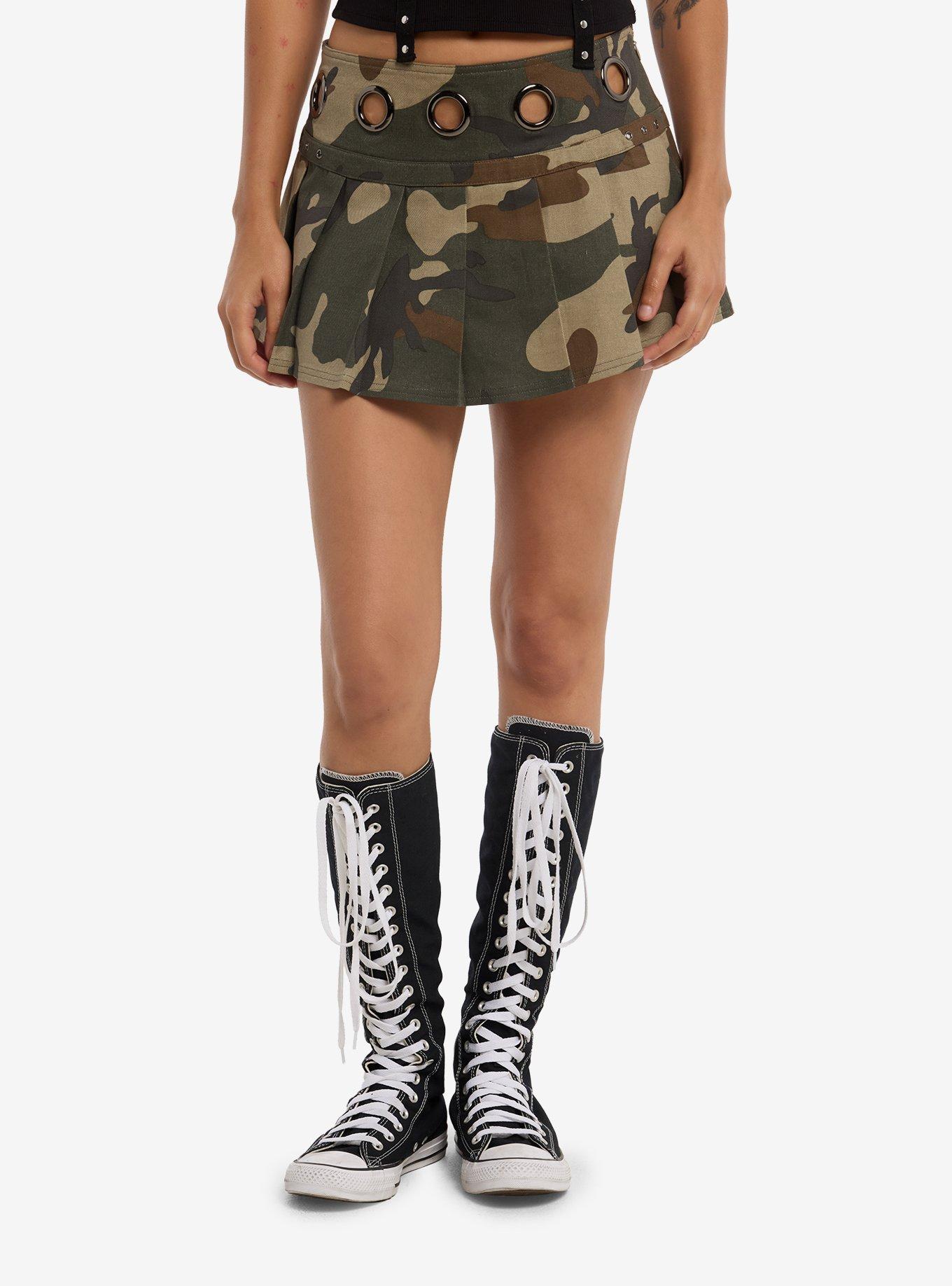 Camouflage Grommet Pleated Mini Skirt, , hi-res