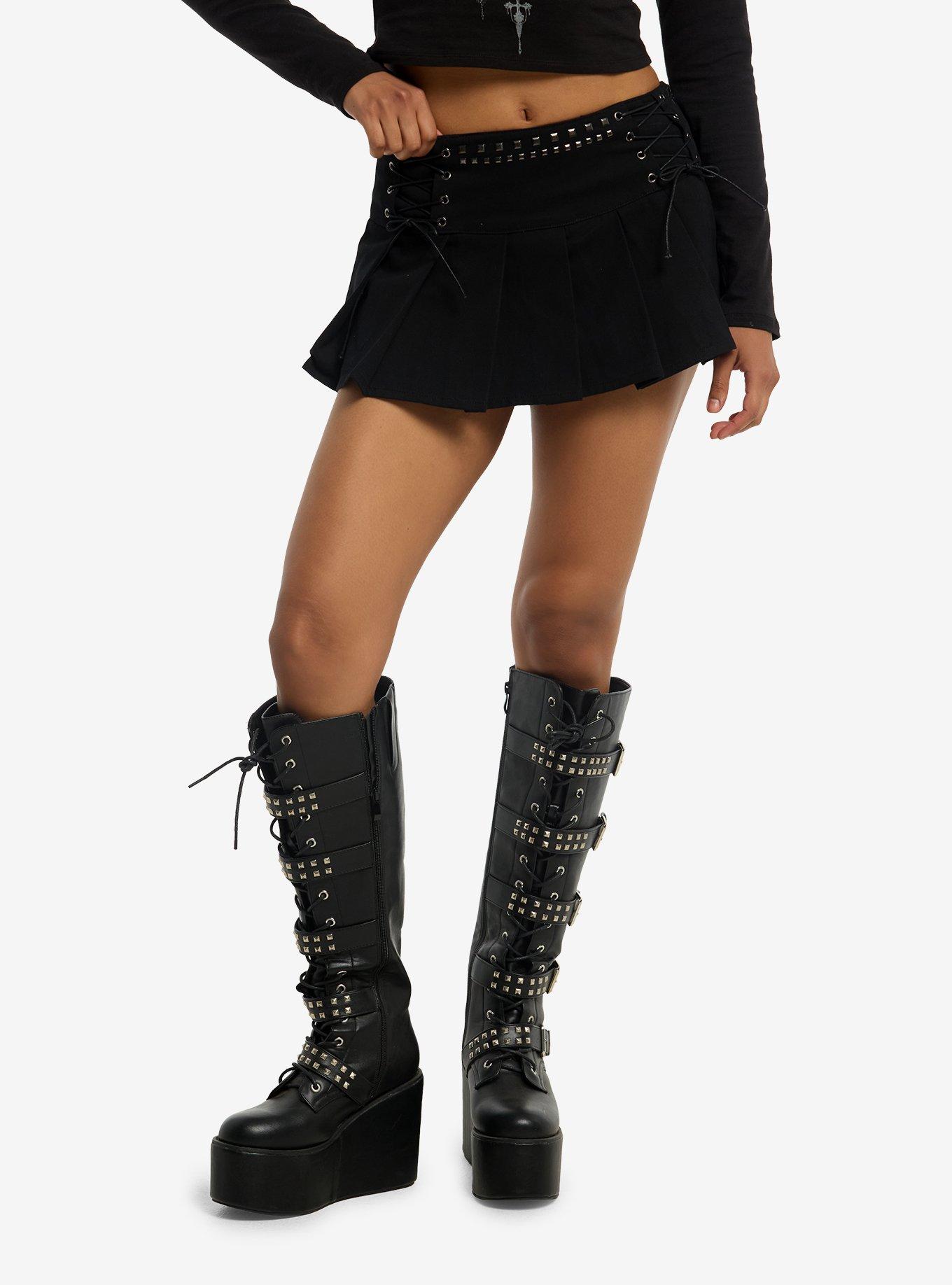 Black Lace-Up Stud Pleated Skirt, , hi-res