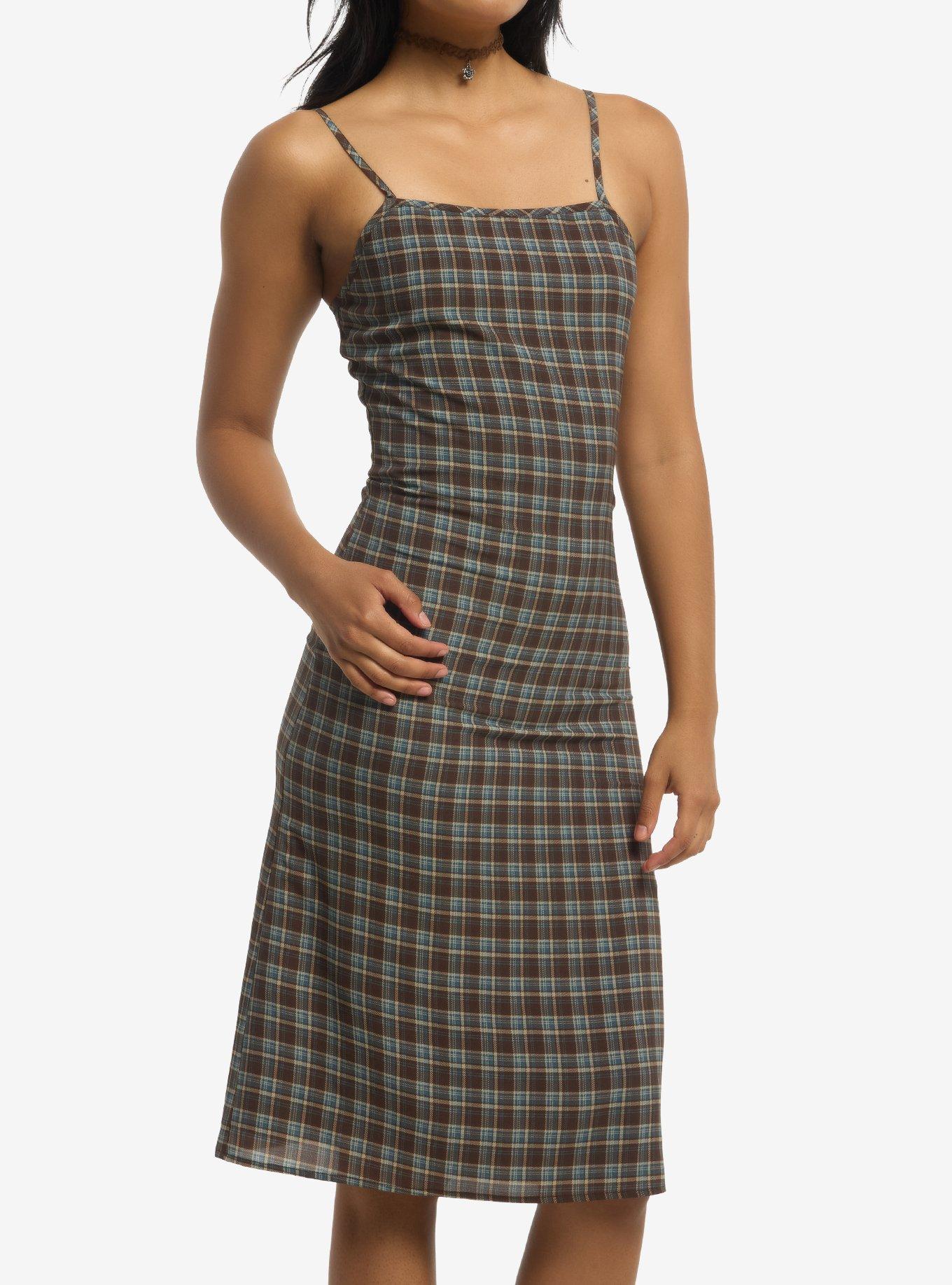 Brown & Blue Plaid Midi Slip Dress, , hi-res
