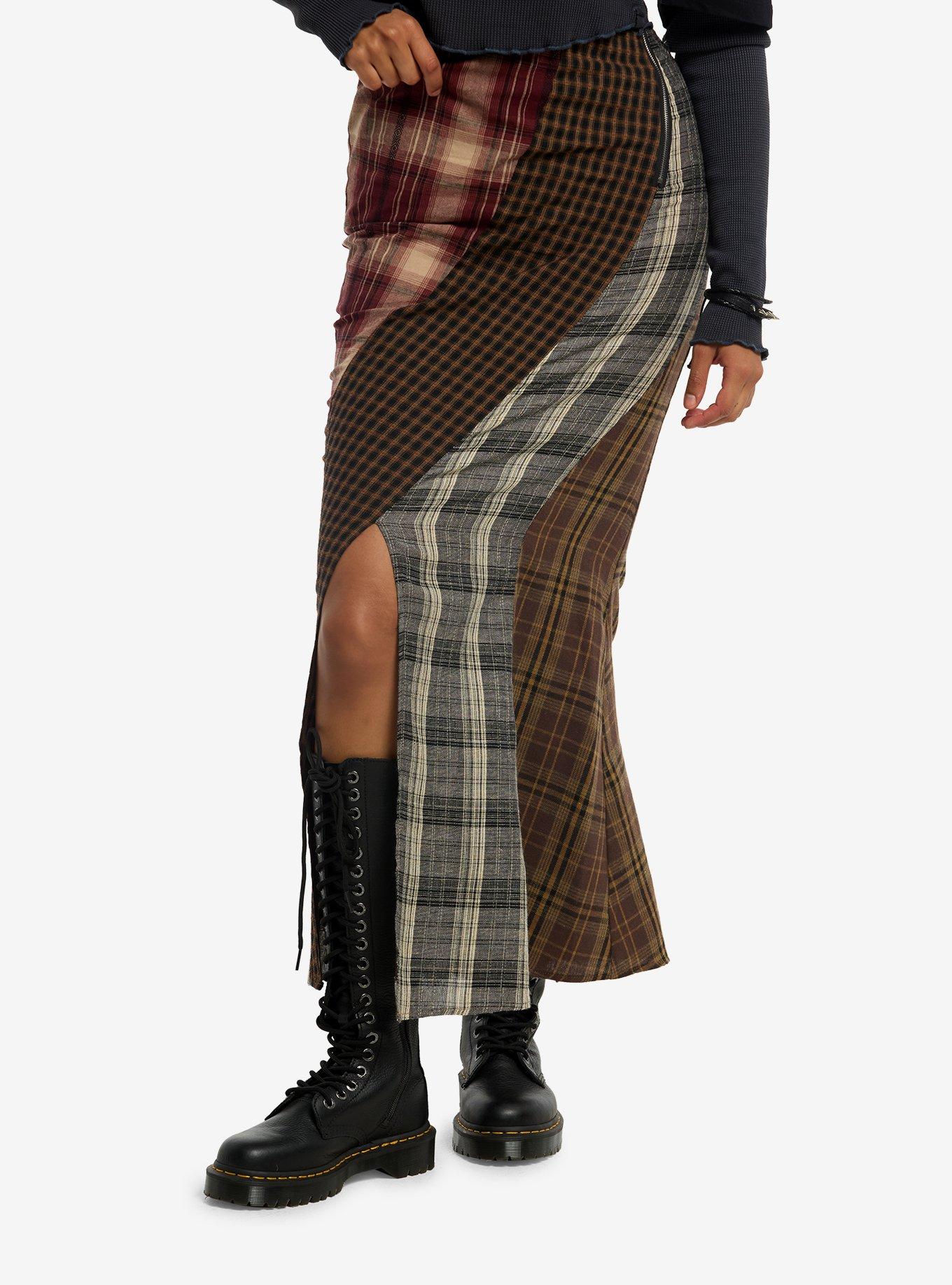 Multi-Plaid Side Slit Maxi Skirt, , hi-res