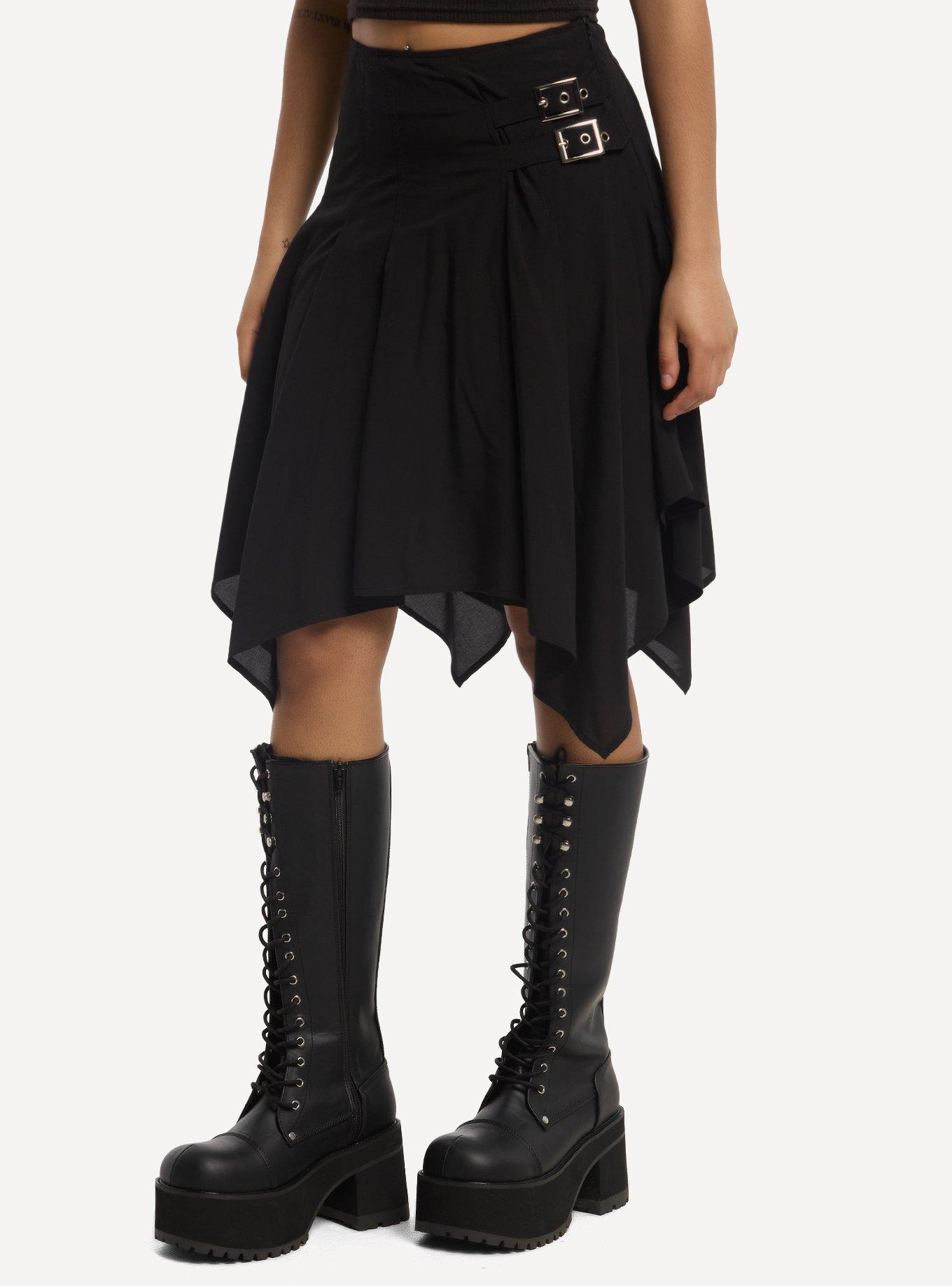 Black Buckle Hanky Hem Midi Skirt, , hi-res