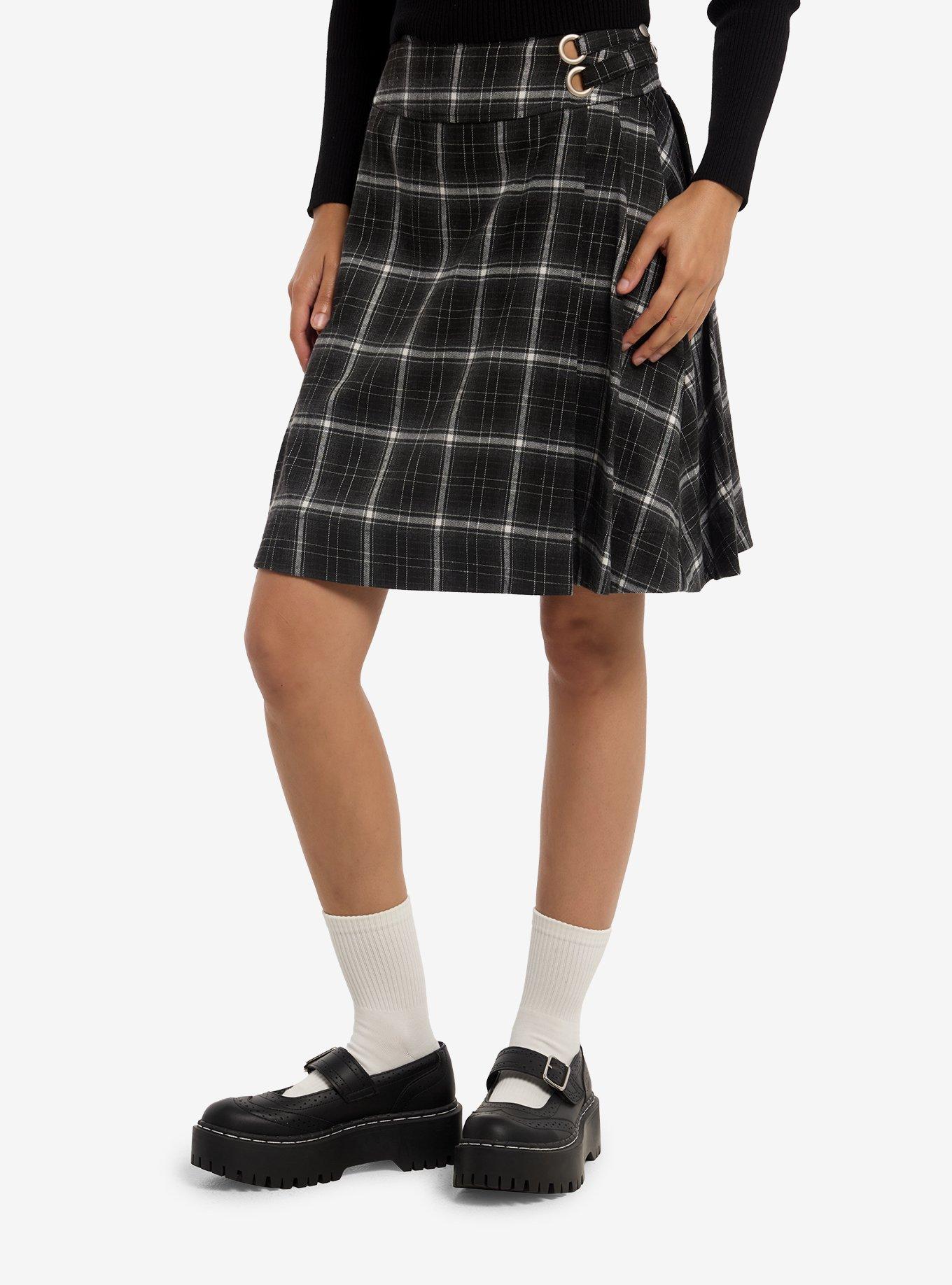 Black & Grey Plaid Pleated Midi Skirt, , hi-res