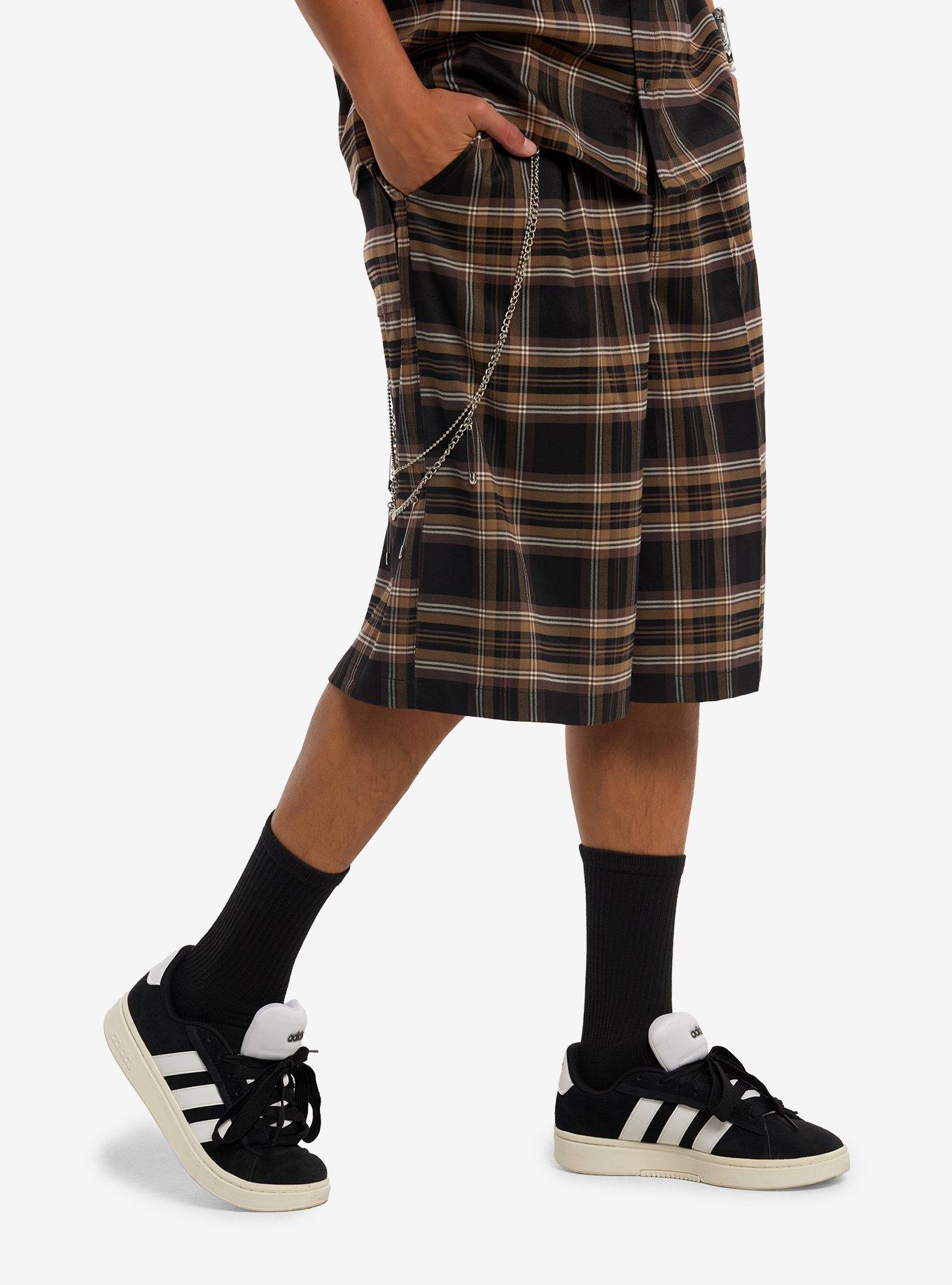 Brown & Black Plaid Shorts With Side Chain, , hi-res