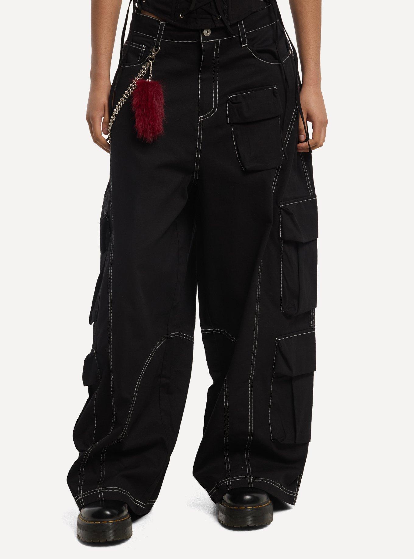 Black & White Contrast Stitch Side Chain Cargo Pants, , hi-res