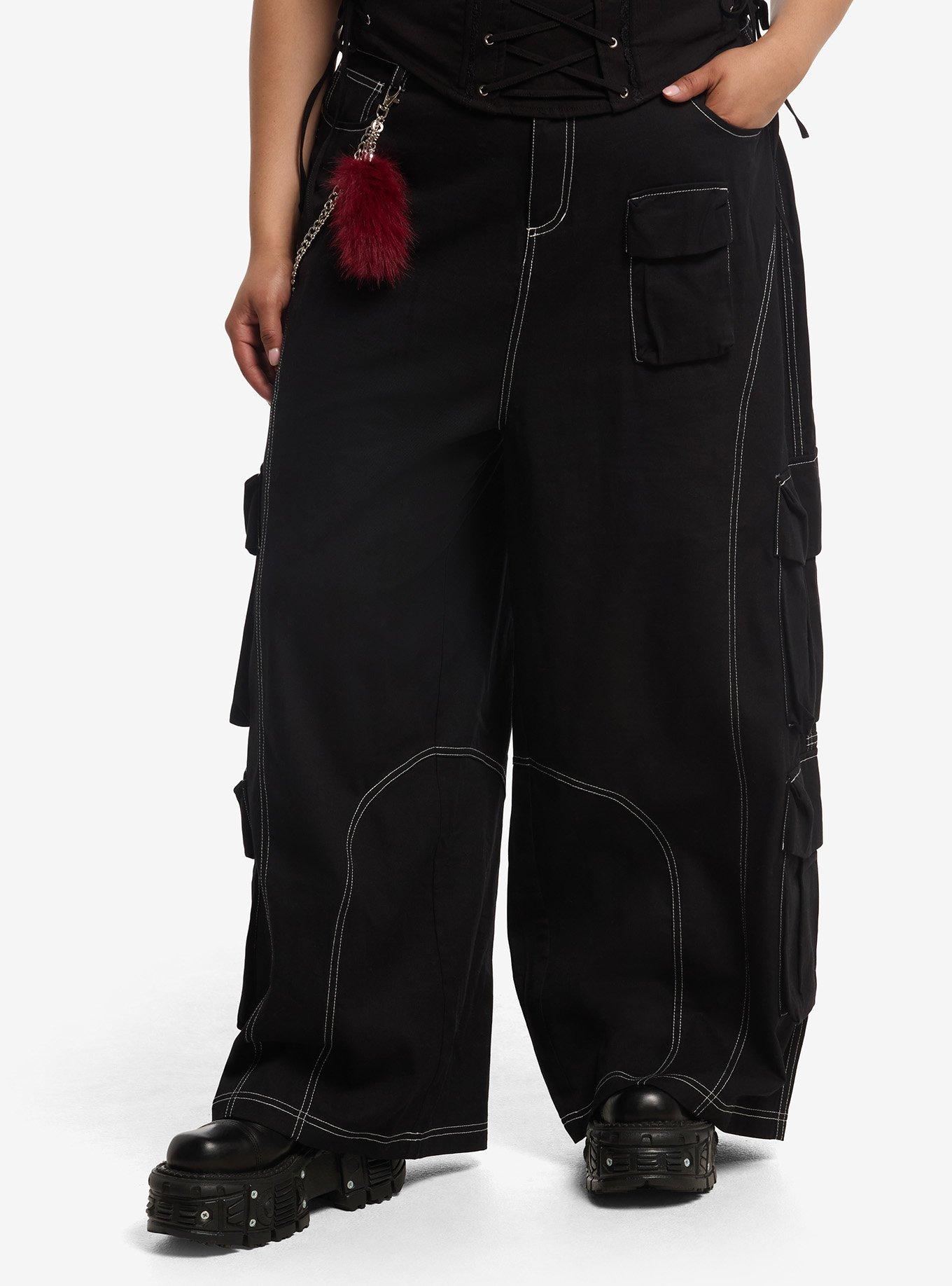 HOTTOPIC Black & White Contrast Stitch Side Chain Cargo Pants Plus Size