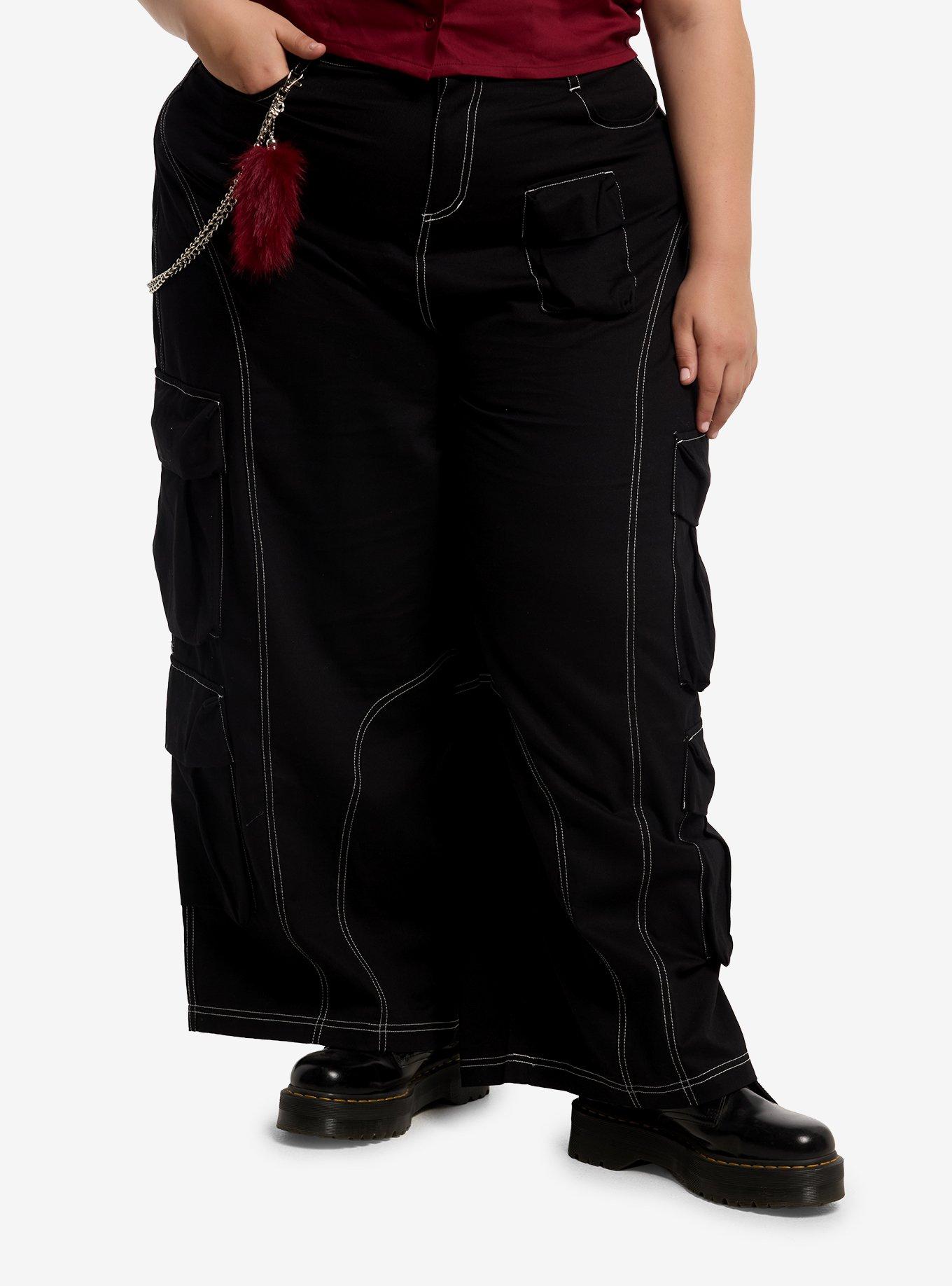 Black & White Contrast Stitch Side Chain Cargo Pants Plus Size, , hi-res