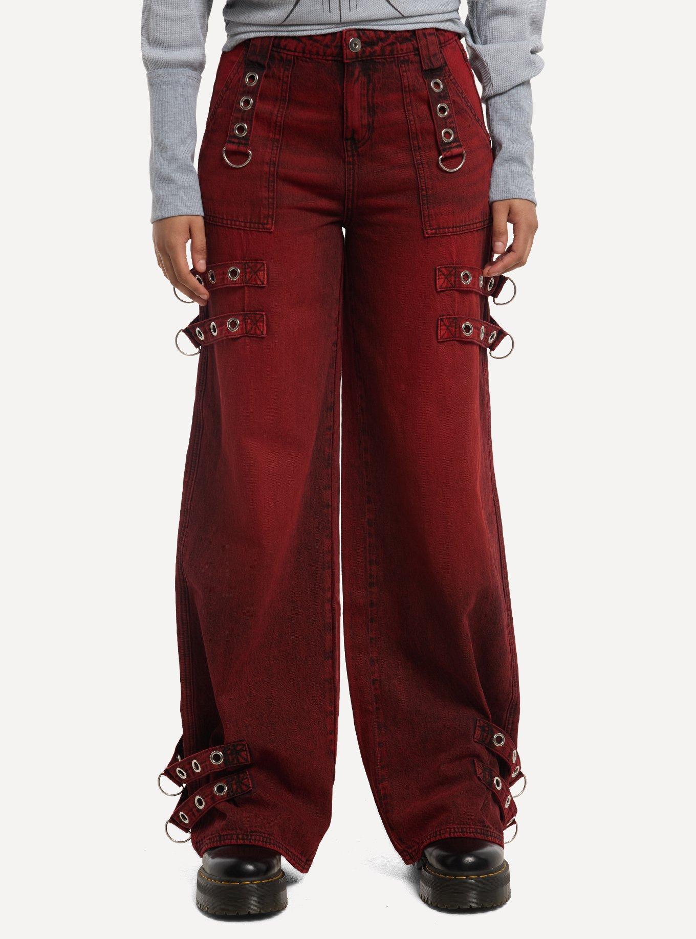 Social Collision Red Grommet Strap Wide Leg Jeans, , hi-res