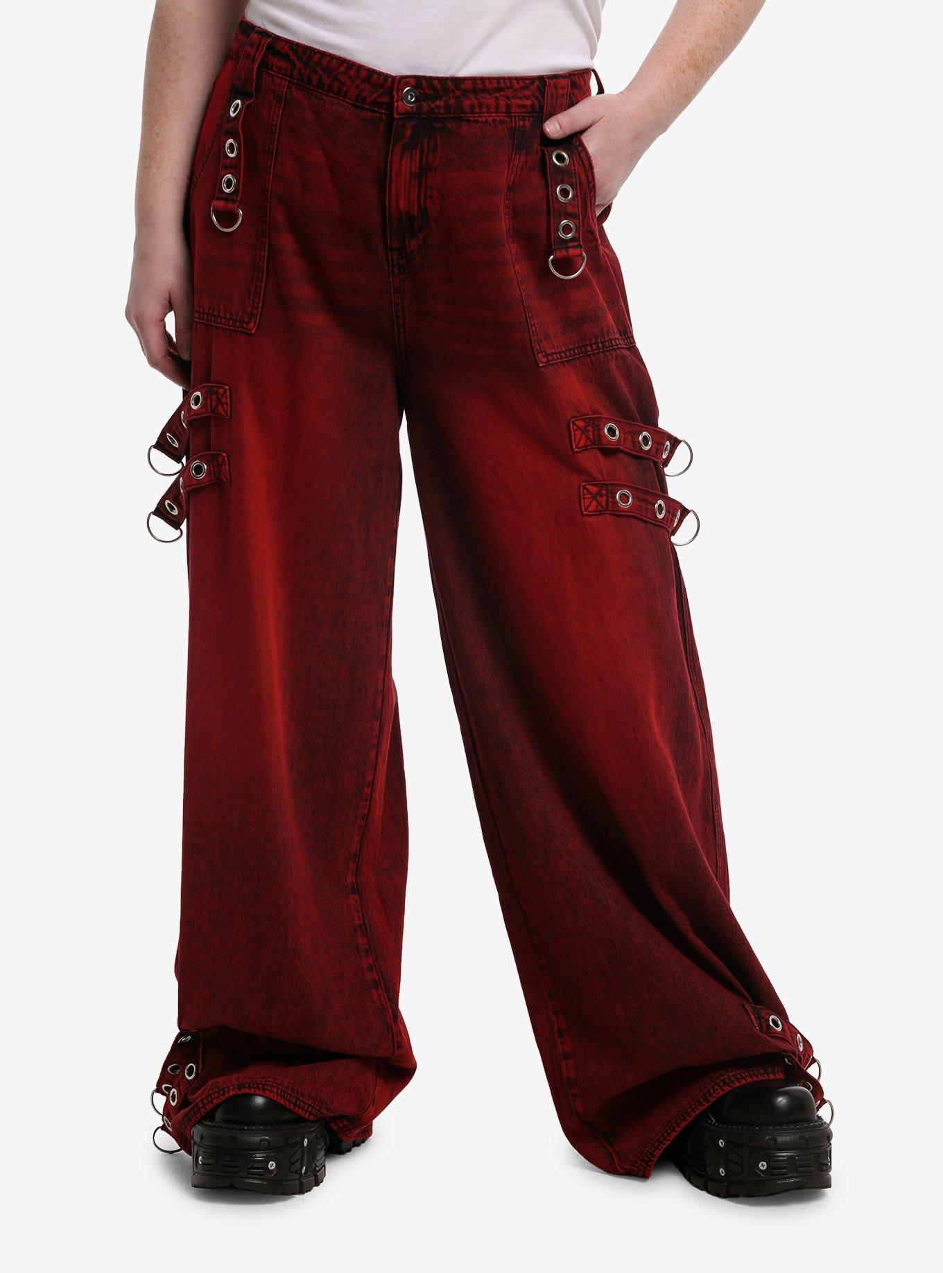 Social Collision Red Grommet Strap Wide Leg Jeans Plus Size, , hi-res