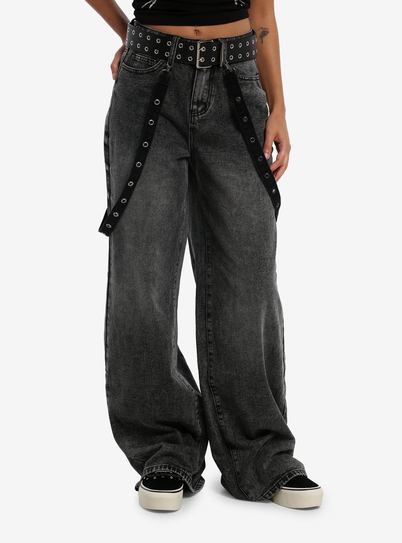 Social Collision Red Cyber Suspender Baggy Jeans With Belt, , hi-res