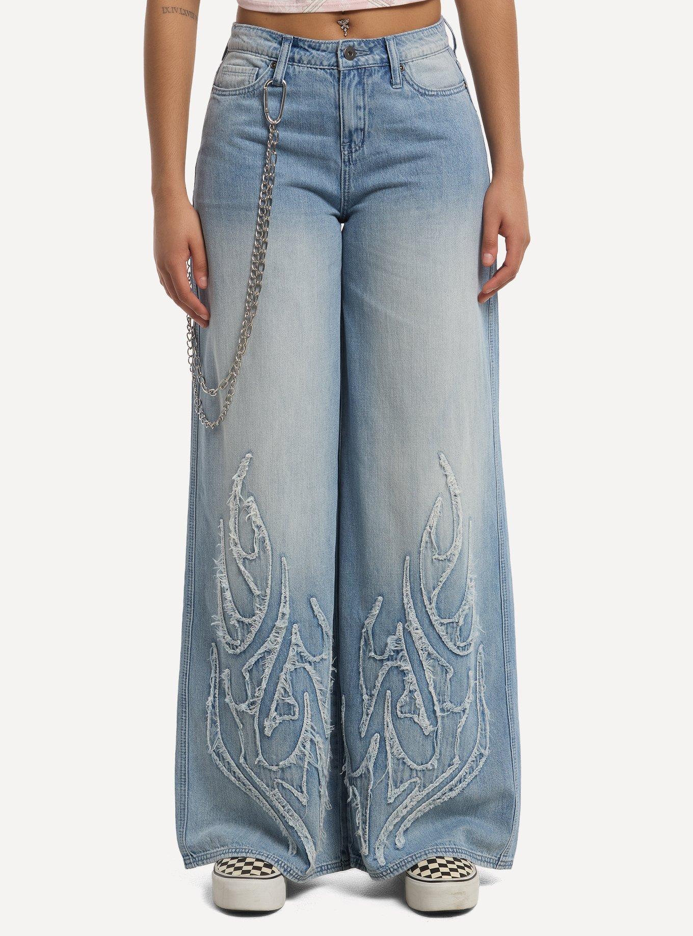 Social Collision Frayed Flame Wide Leg Jeans, , hi-res