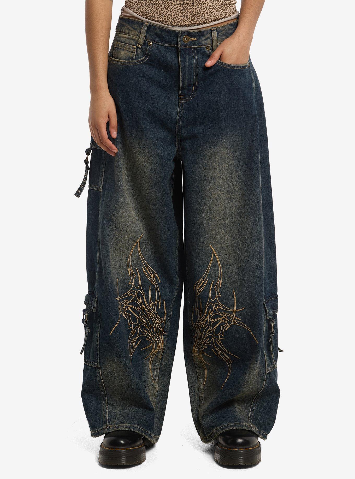 Social Collision Butterfly Stitch Wide Leg Cargo Jeans, , hi-res