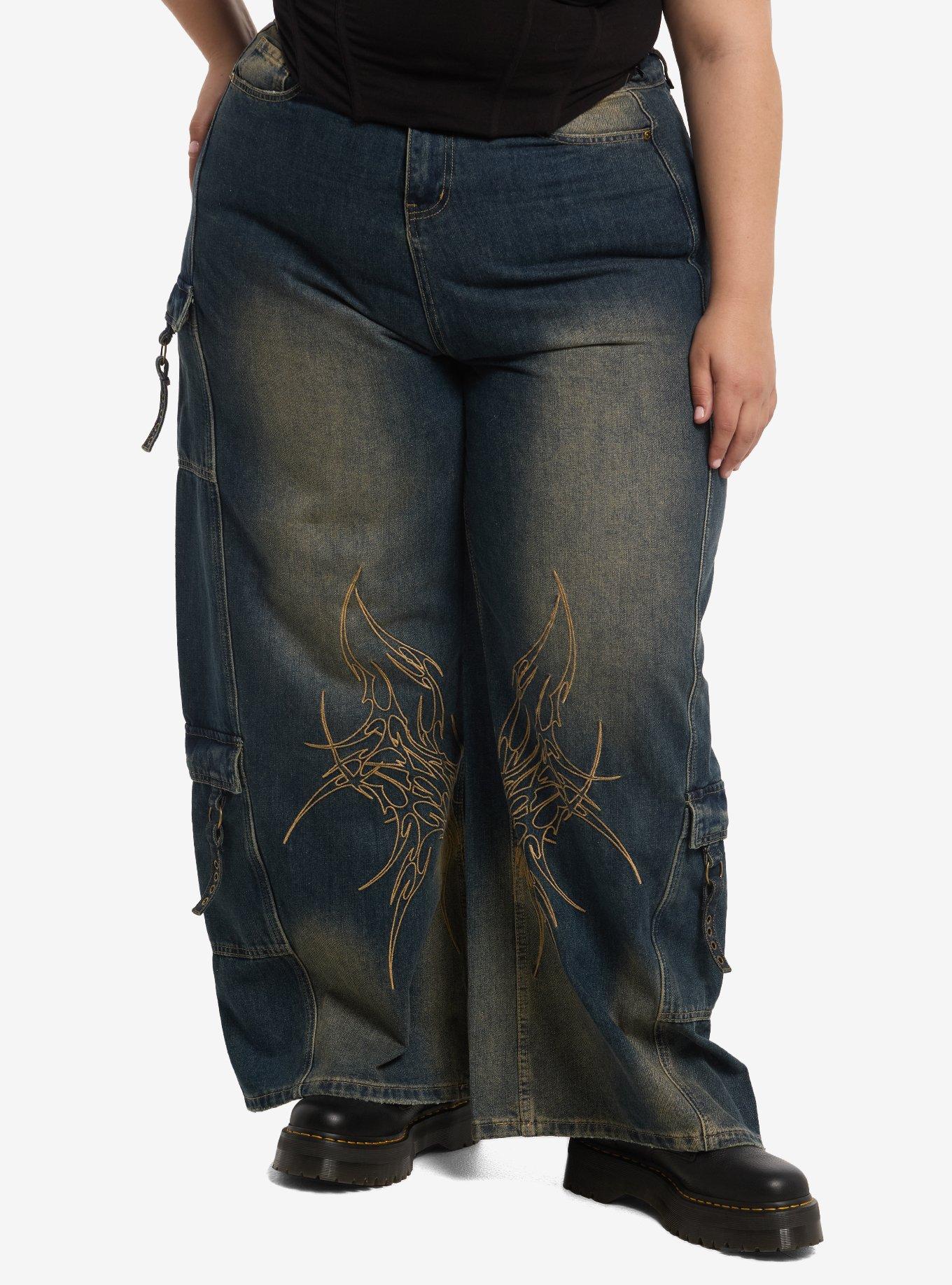 Social Collision Butterfly Stitch Wide Leg Cargo Jeans, , hi-res