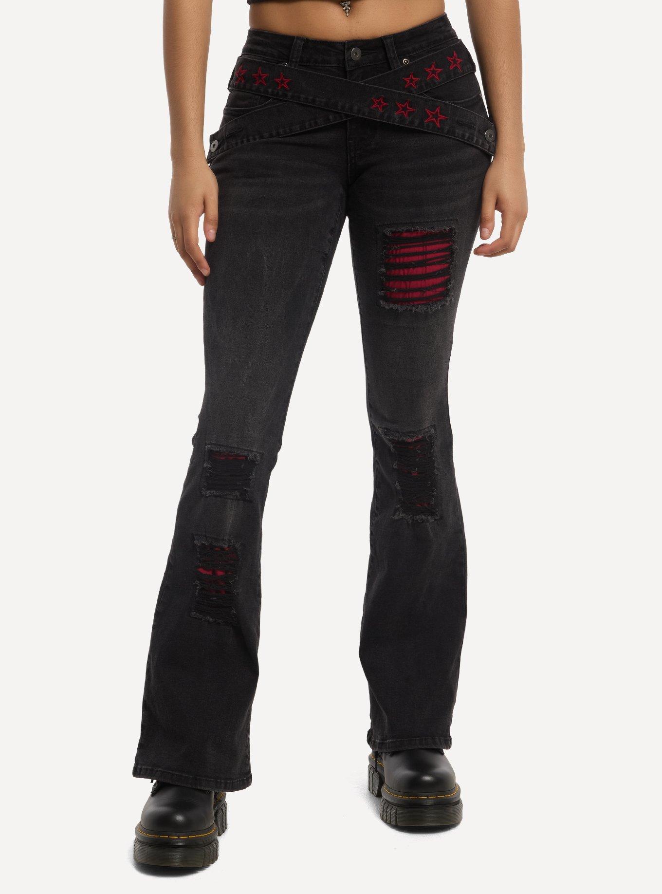 Social Collision Red Star Strappy Distressed Jeans, , hi-res