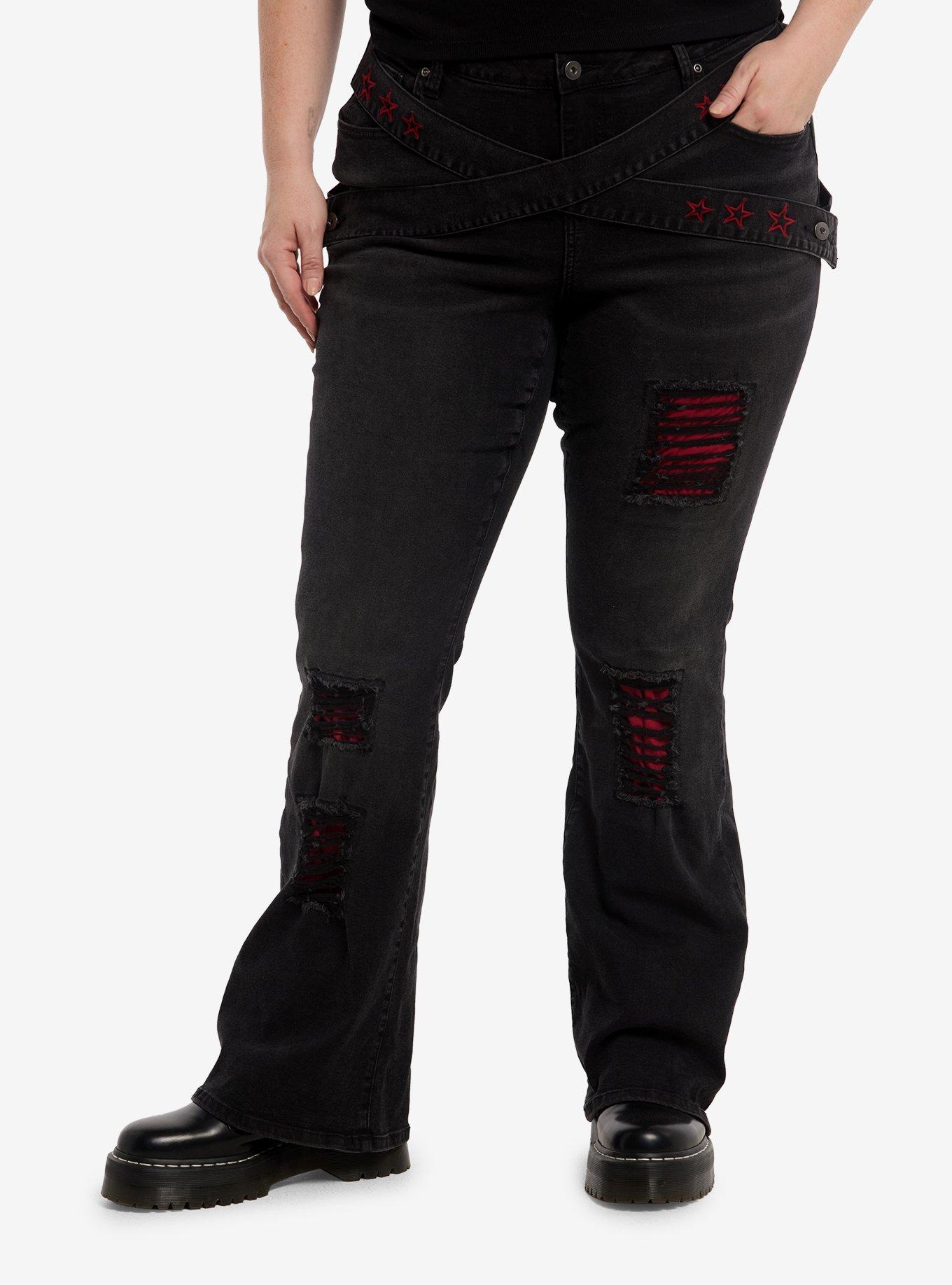 Social Collision Red Star Strappy Distressed Jeans Plus Size, , hi-res