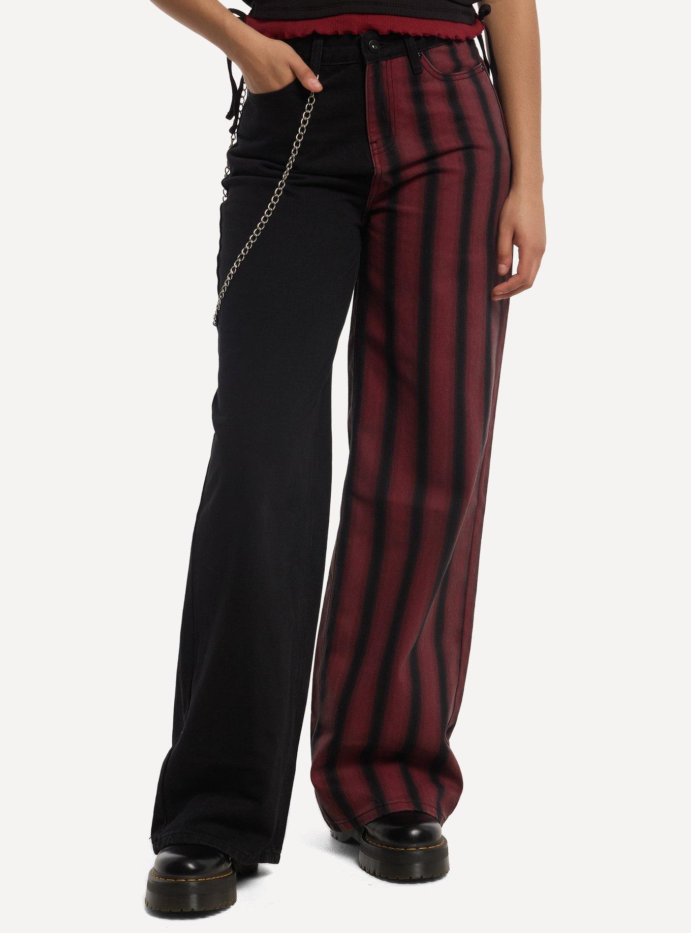 Social Collision Split Black & Red Stripe Wide Leg Jeans, , hi-res