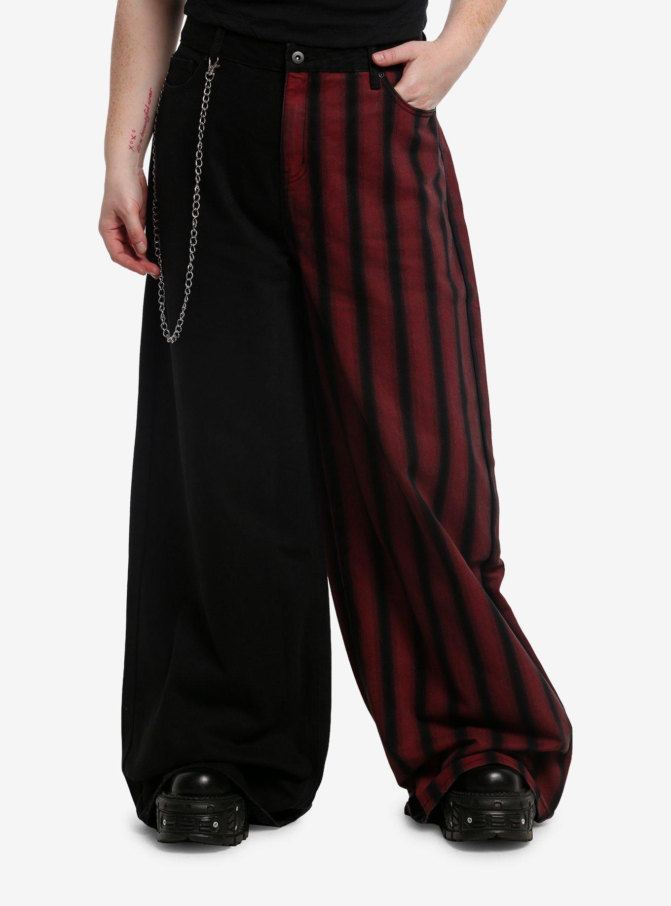 Social Collision Split Black & Red Stripe Wide Leg Jeans Plus Size, , hi-res