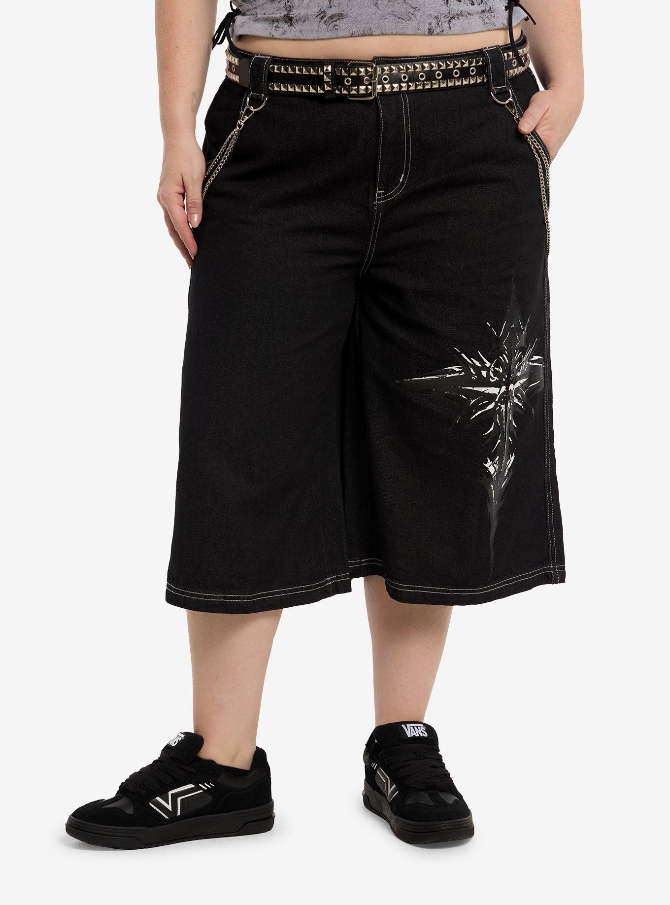 Social Collision Sigil Double Chain Belted Jorts Plus Size, , hi-res