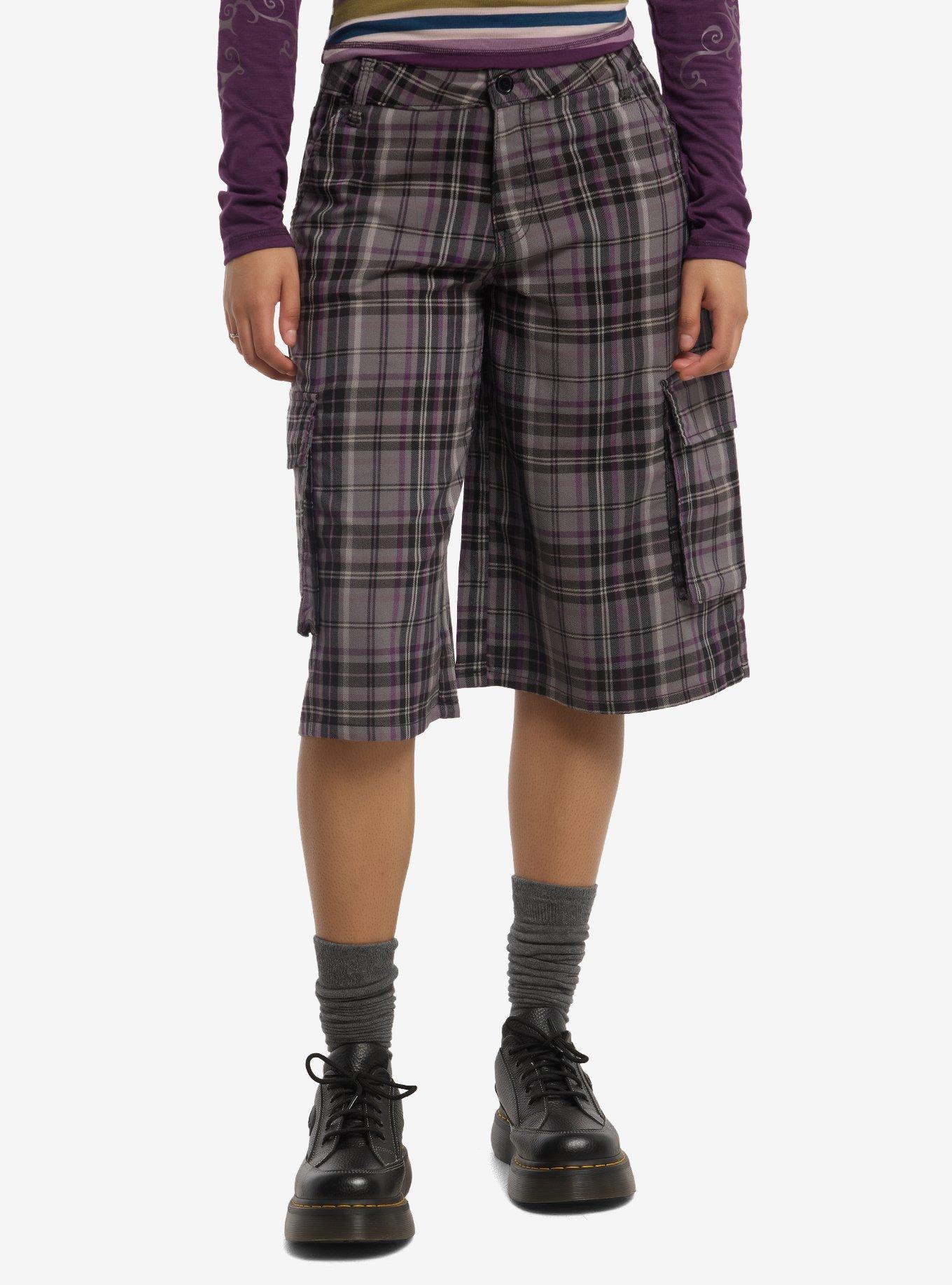 Thorn & Fable Grey & Purple Plaid Cargo Shorts, , hi-res