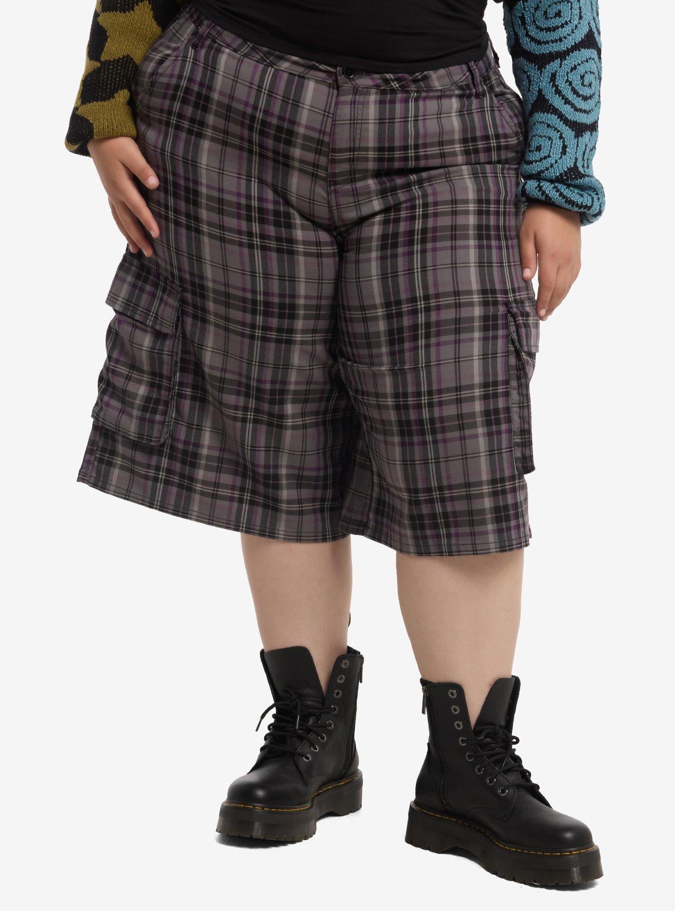 Thorn & Fable Grey & Purple Plaid Cargo Shorts Plus Size, , hi-res
