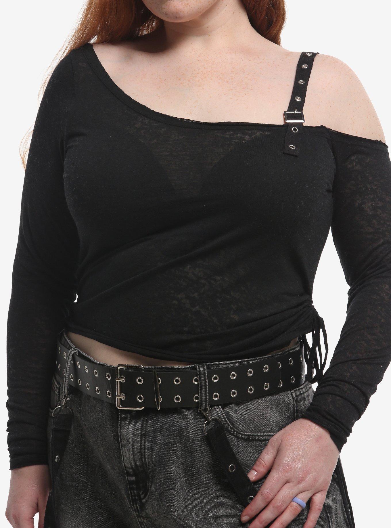 Black Grommet Strap Girls Off-Shoulder Long-Sleeve Top Plus Size, , hi-res