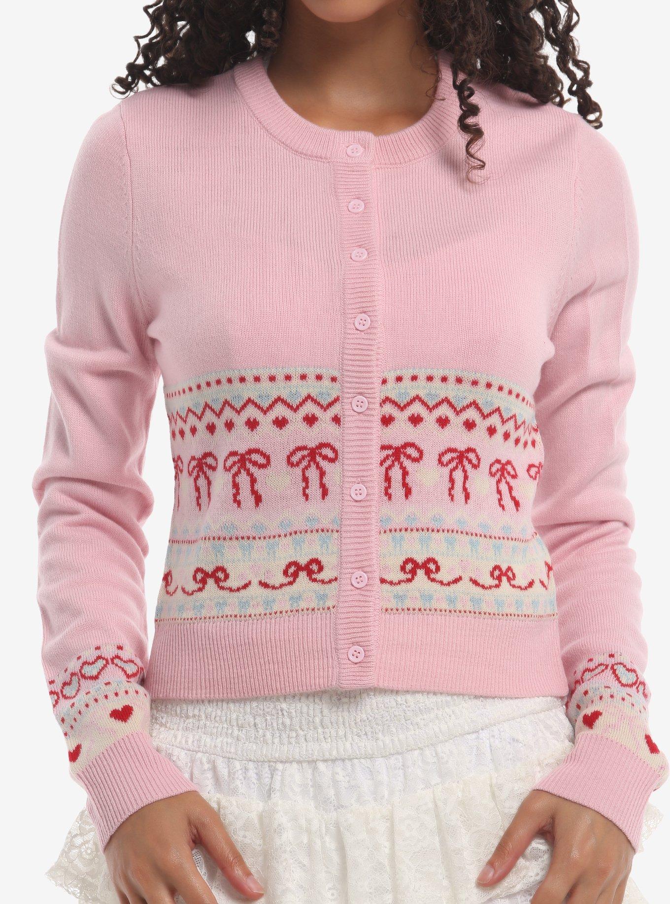 Sweet Society Pink Bow Fair Isle Girls Cardigan, , hi-res