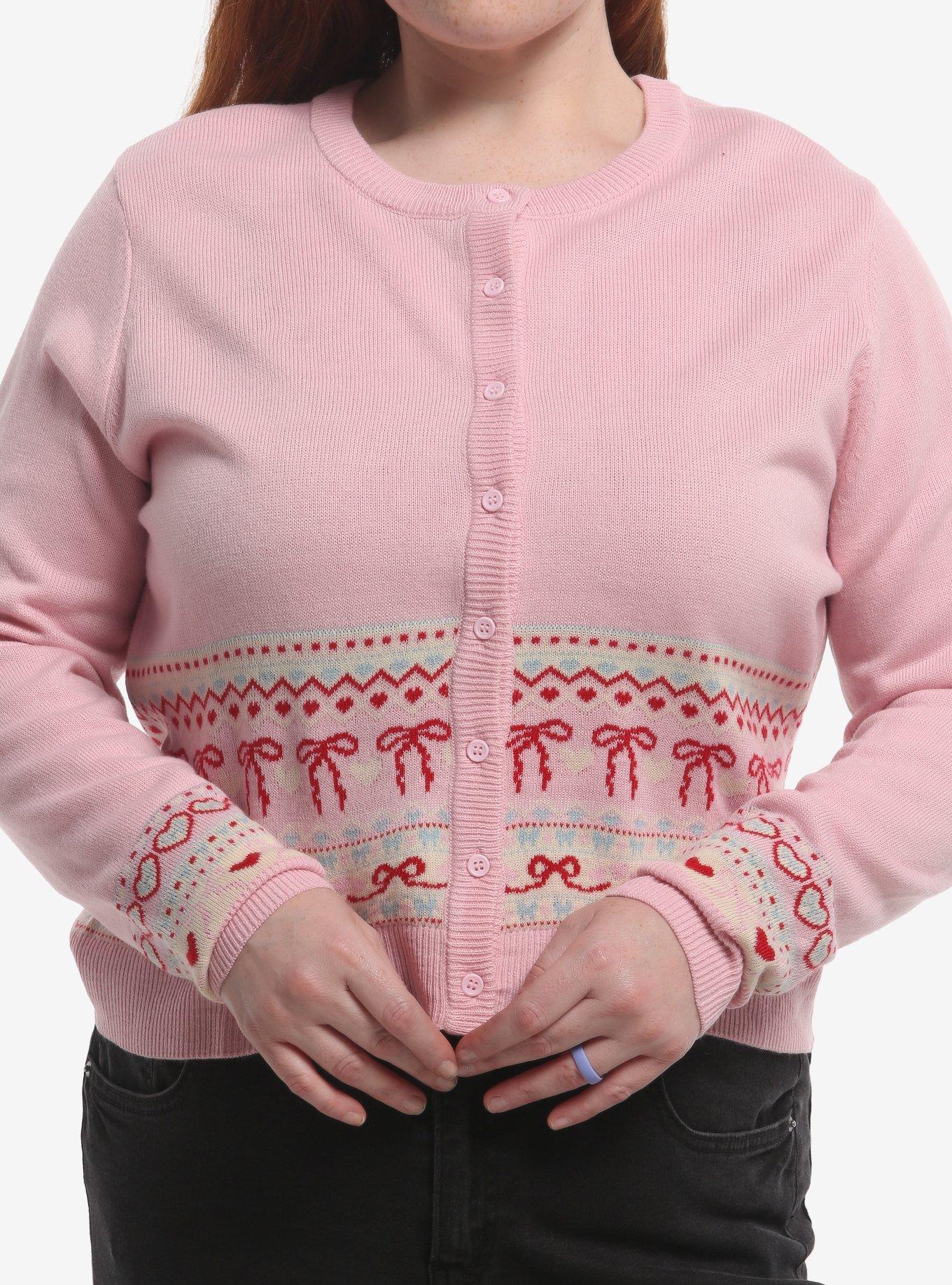 Sweet Society Pink Bow Fair Isle Girls Cardigan Plus Size, , hi-res