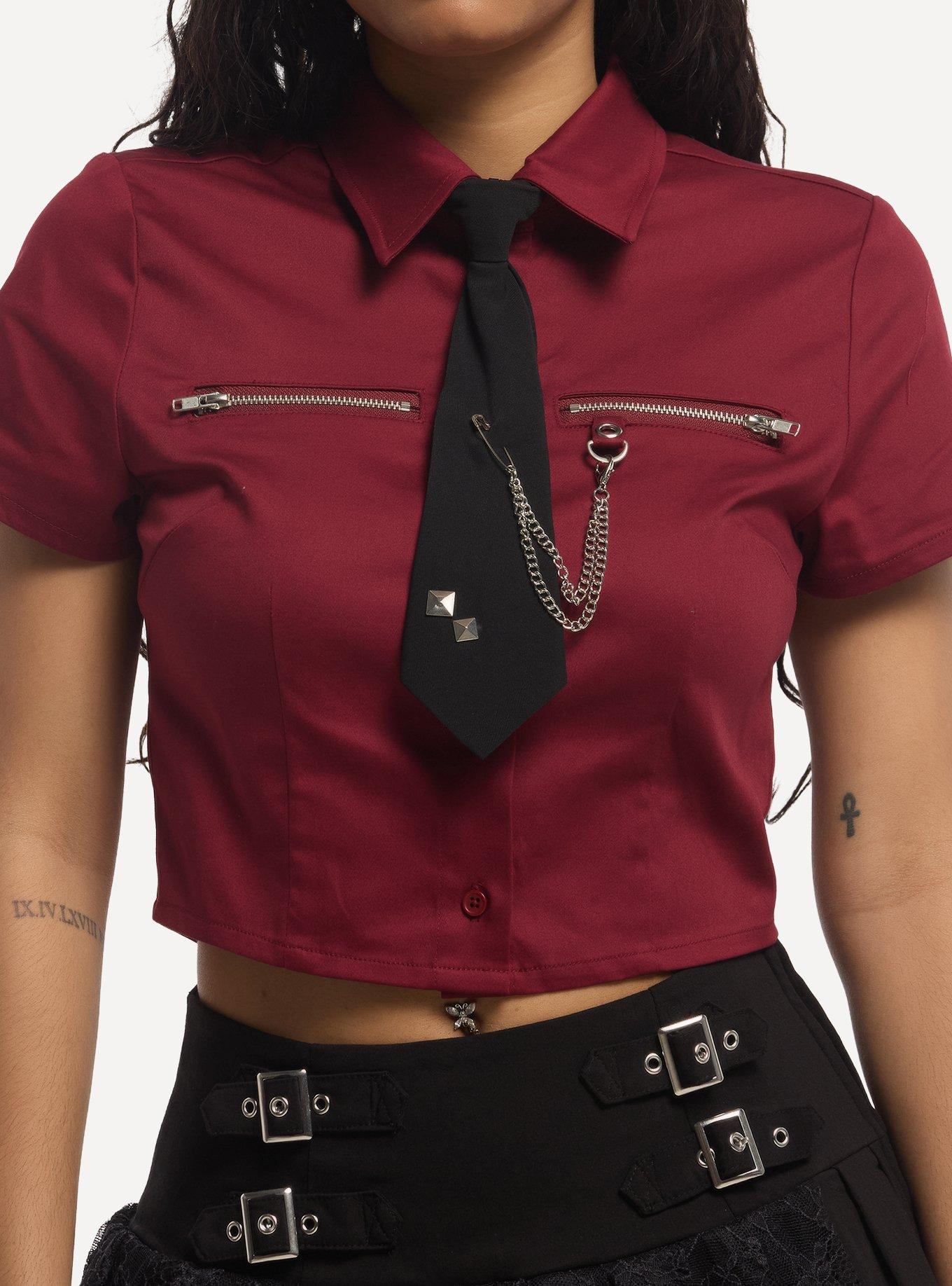 Social Collision Burgundy Crop Girls Woven Button-Up With Tie, , hi-res